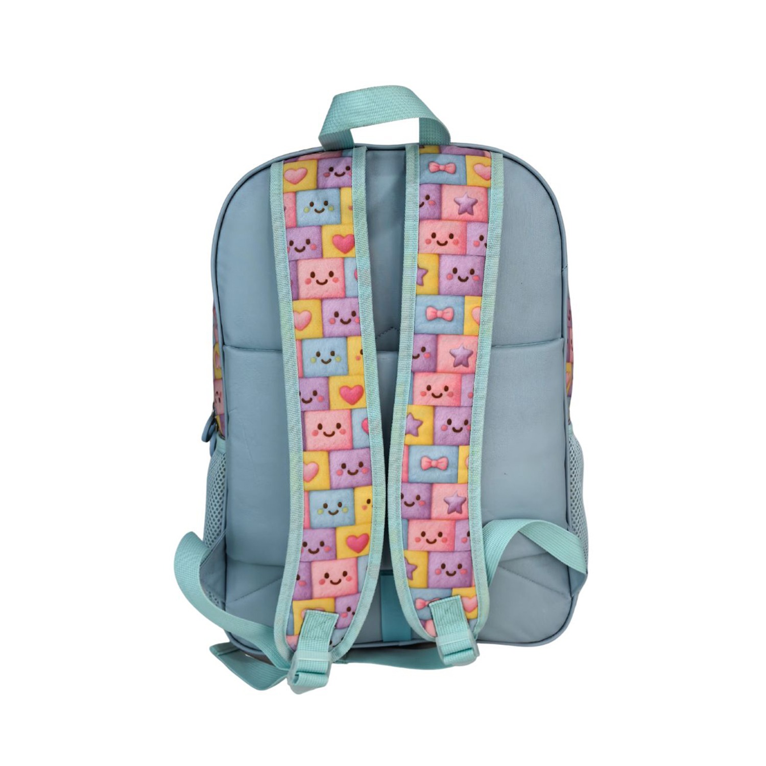 Mochila azul claro con un patrón de caras coloridas y corazones en las correas.