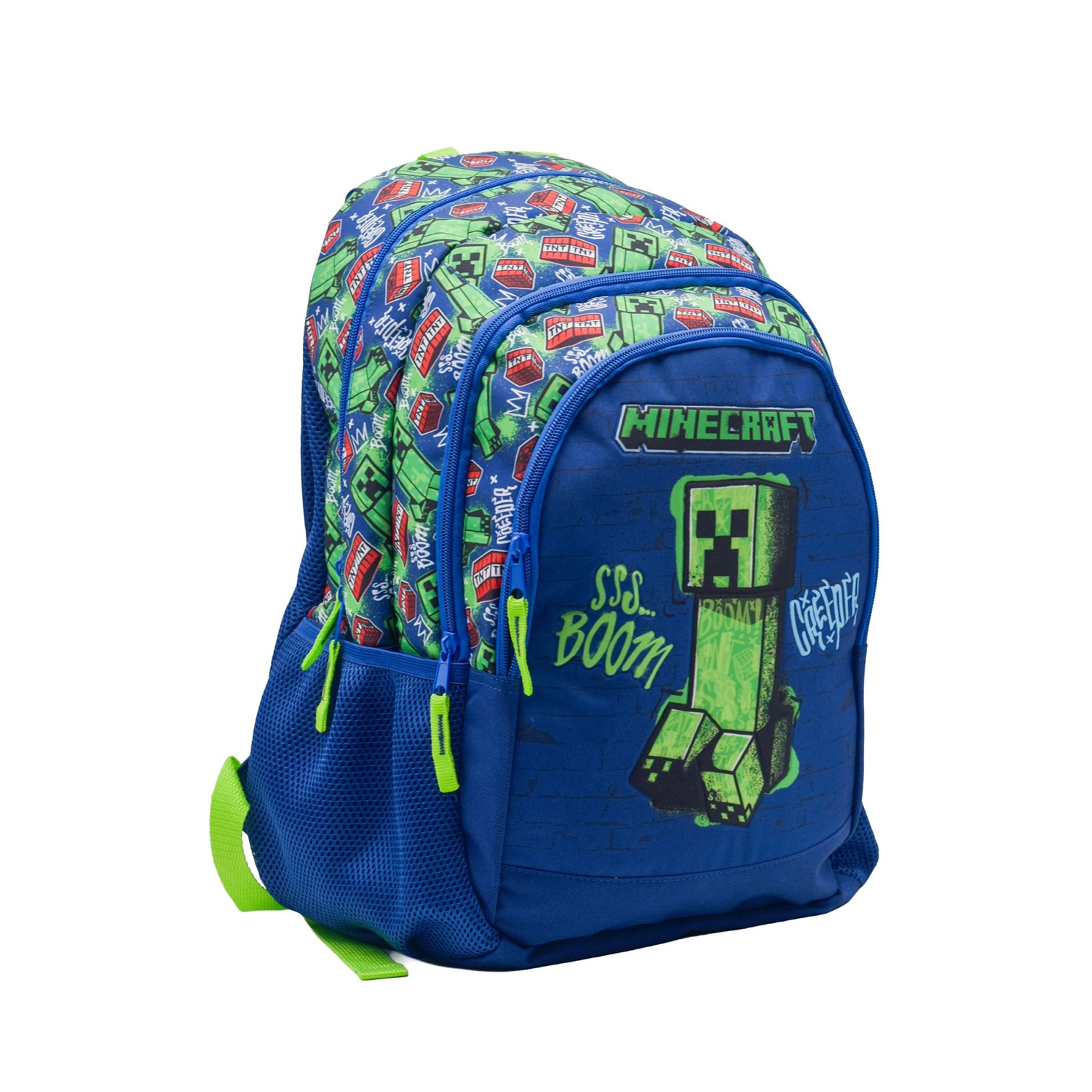 Una mochila azul de Minecraft con gráficos de Creeper y diseños de TNT.