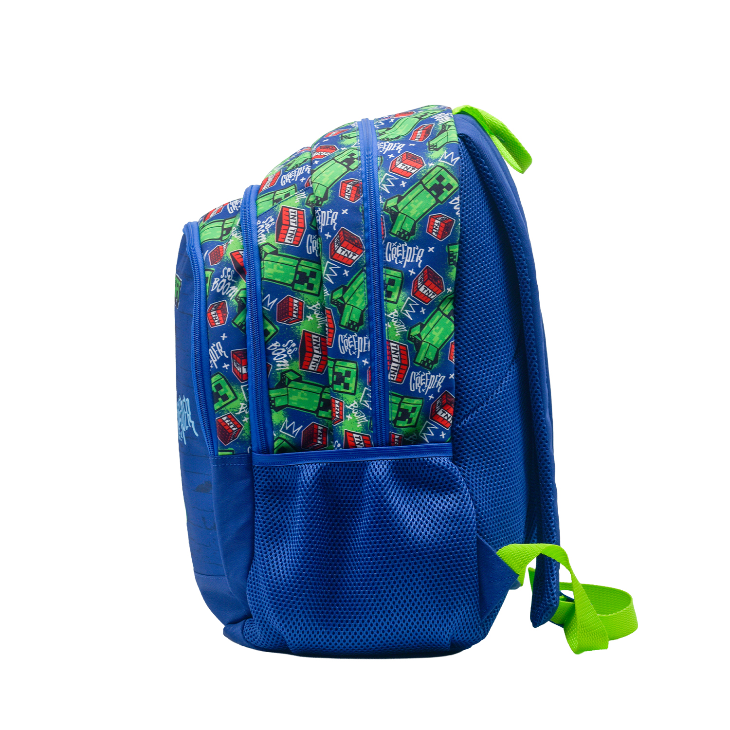 Mochila azul con estampado de Minecraft Creeper y TNT, bolsillos de malla y correas verdes.