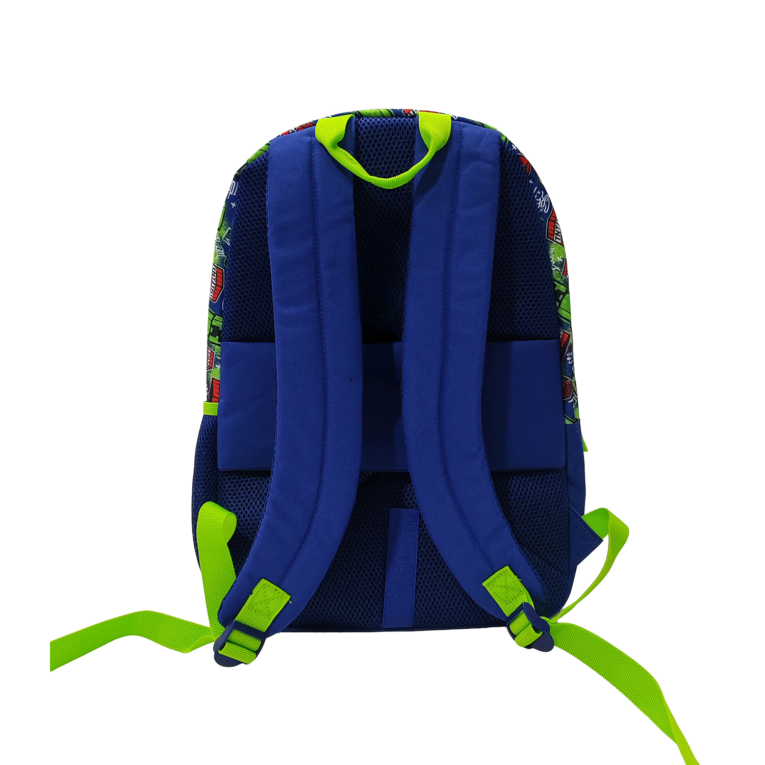 Una mochila azul con detalles verdes y correas.