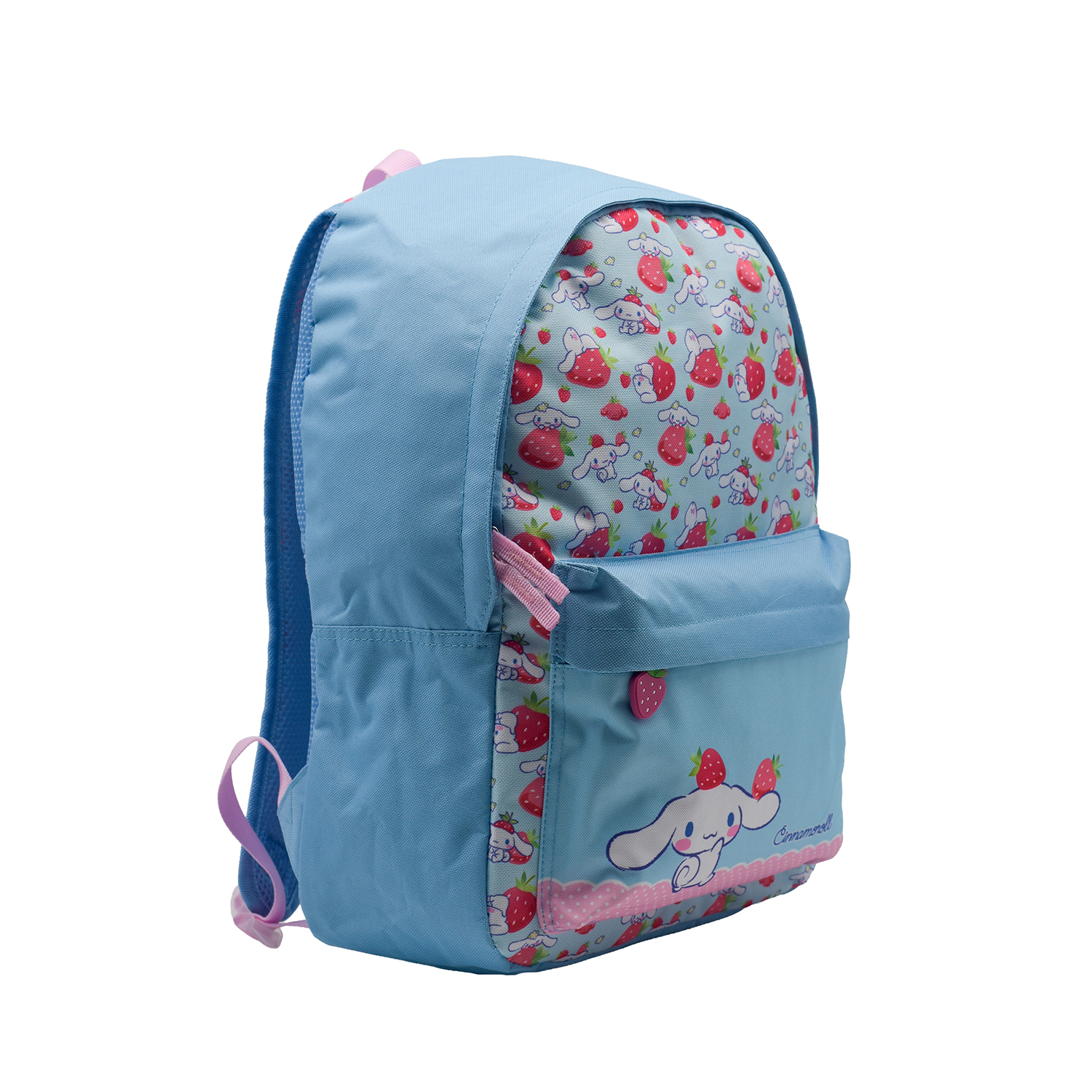 Una mochila azul claro con estampado de fresas y Cinnamoroll. Con tiras rosas.
