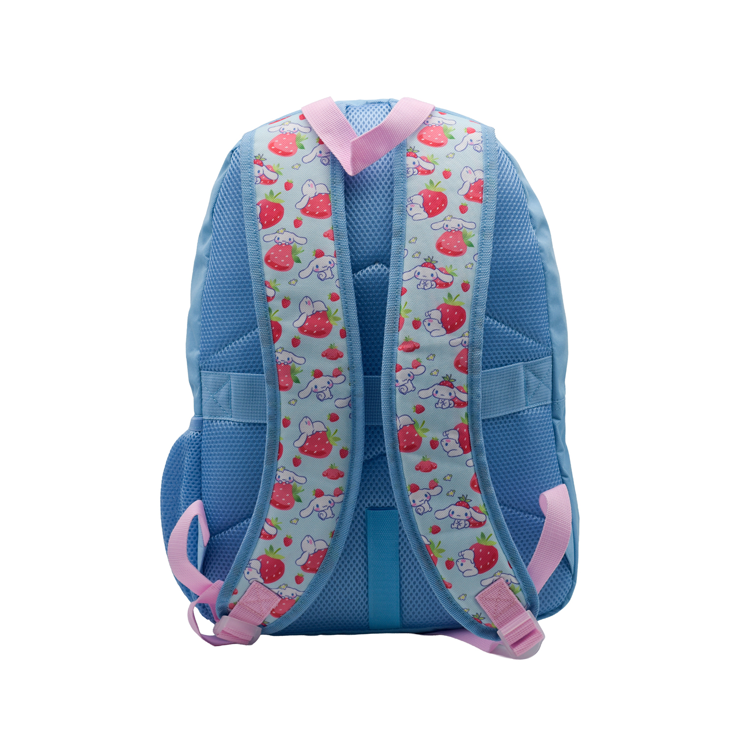 Una mochila azul con correas rosas y estampado de fresas y conejos.