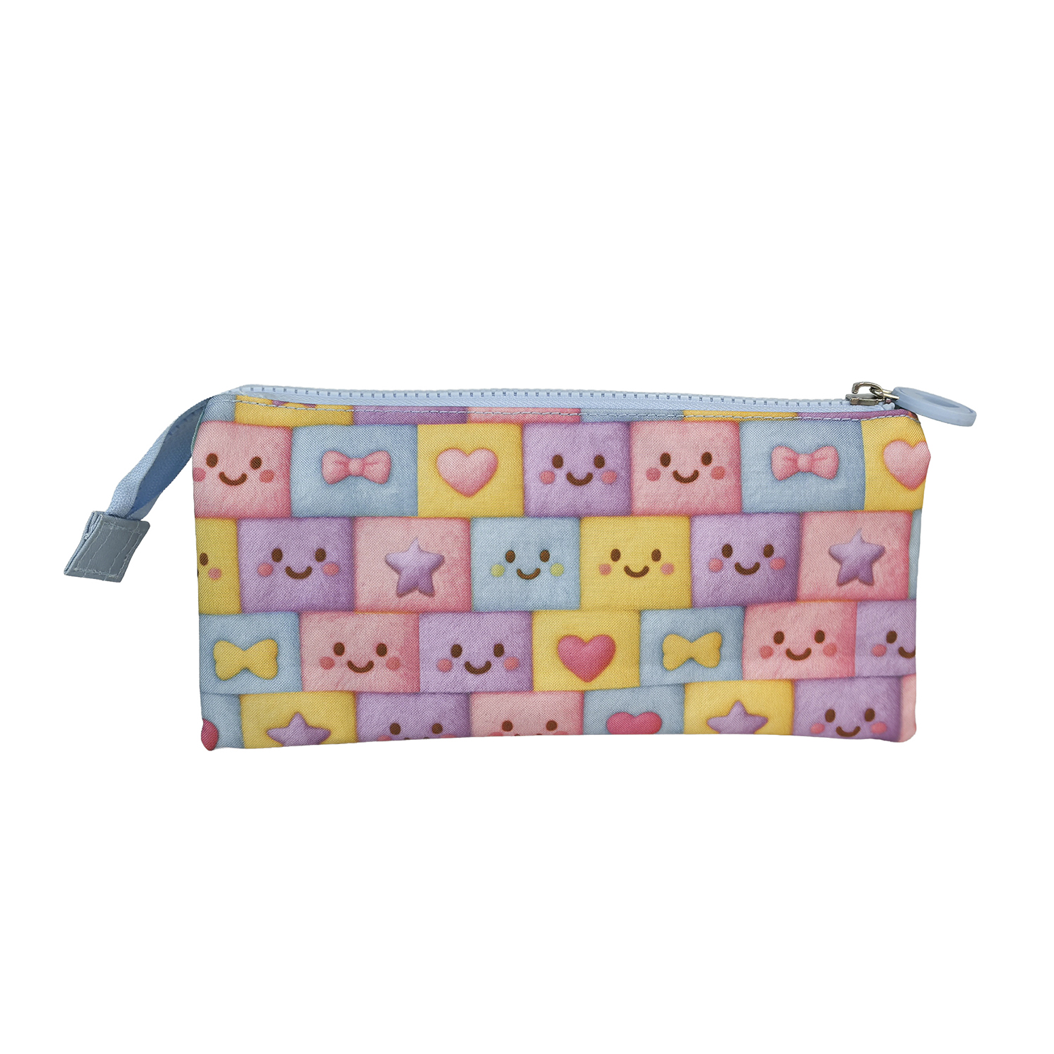 Bunt gemusterte Tasche mit Gesichtern, Herzen, Sternen und Schleifen.