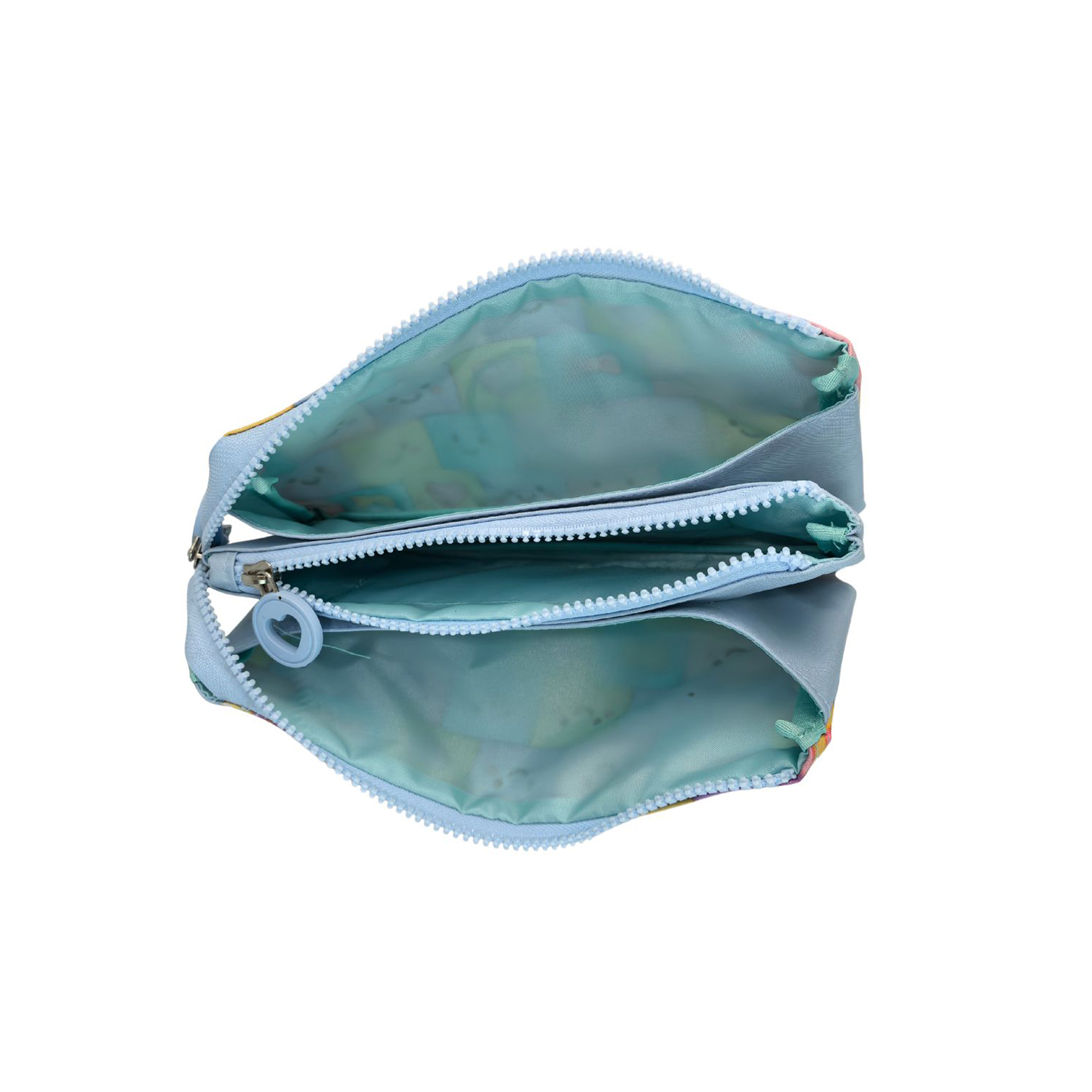 Eine hellblaue Kosmetiktasche mit drei Fächern und buntem Innenfutter.