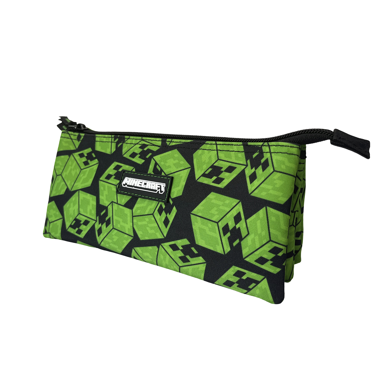 Estuche verde de Minecraft con cremallera negra, estampado de cubos Creeper.