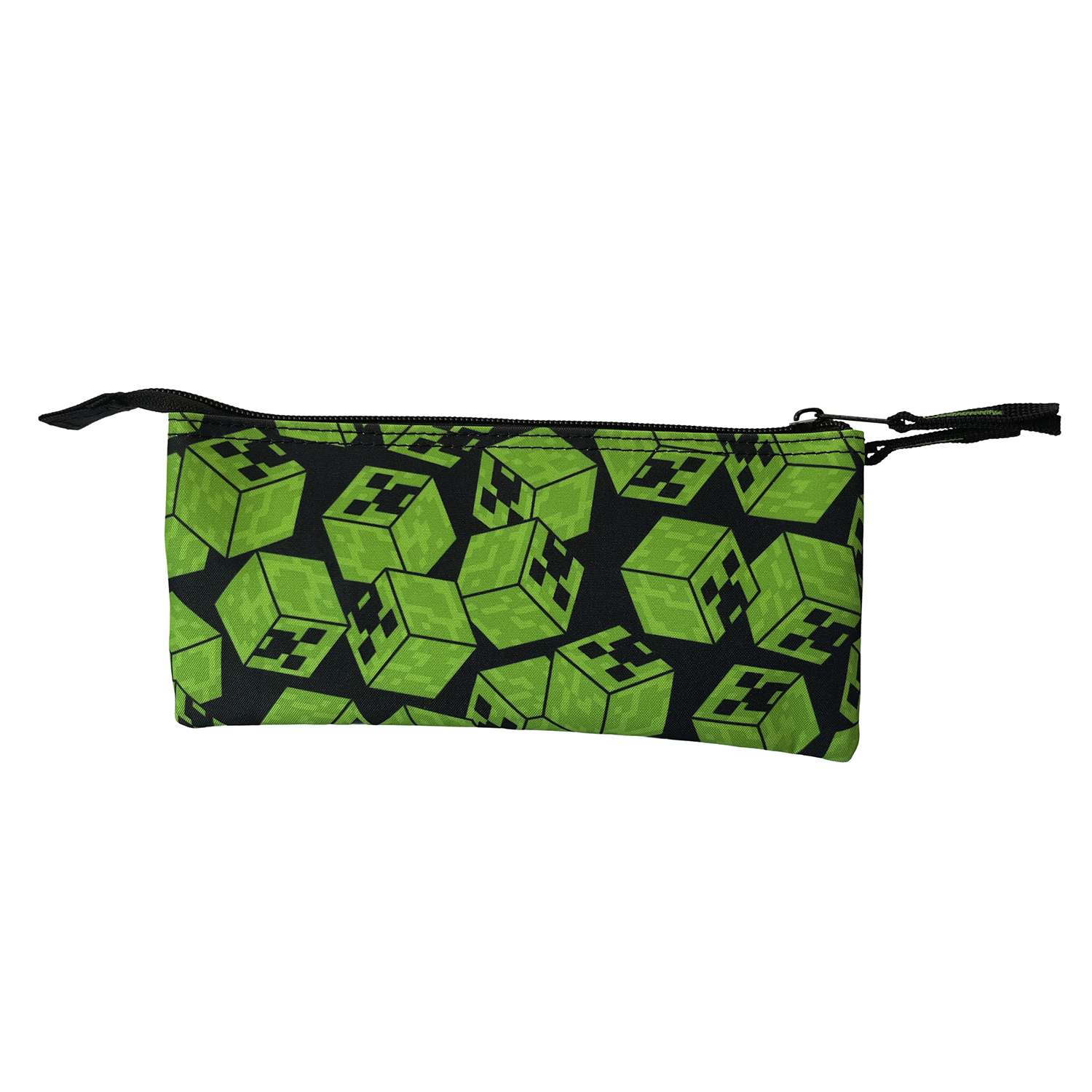 Bolsa verde con estampado de Minecraft Creeper y cremallera negra.