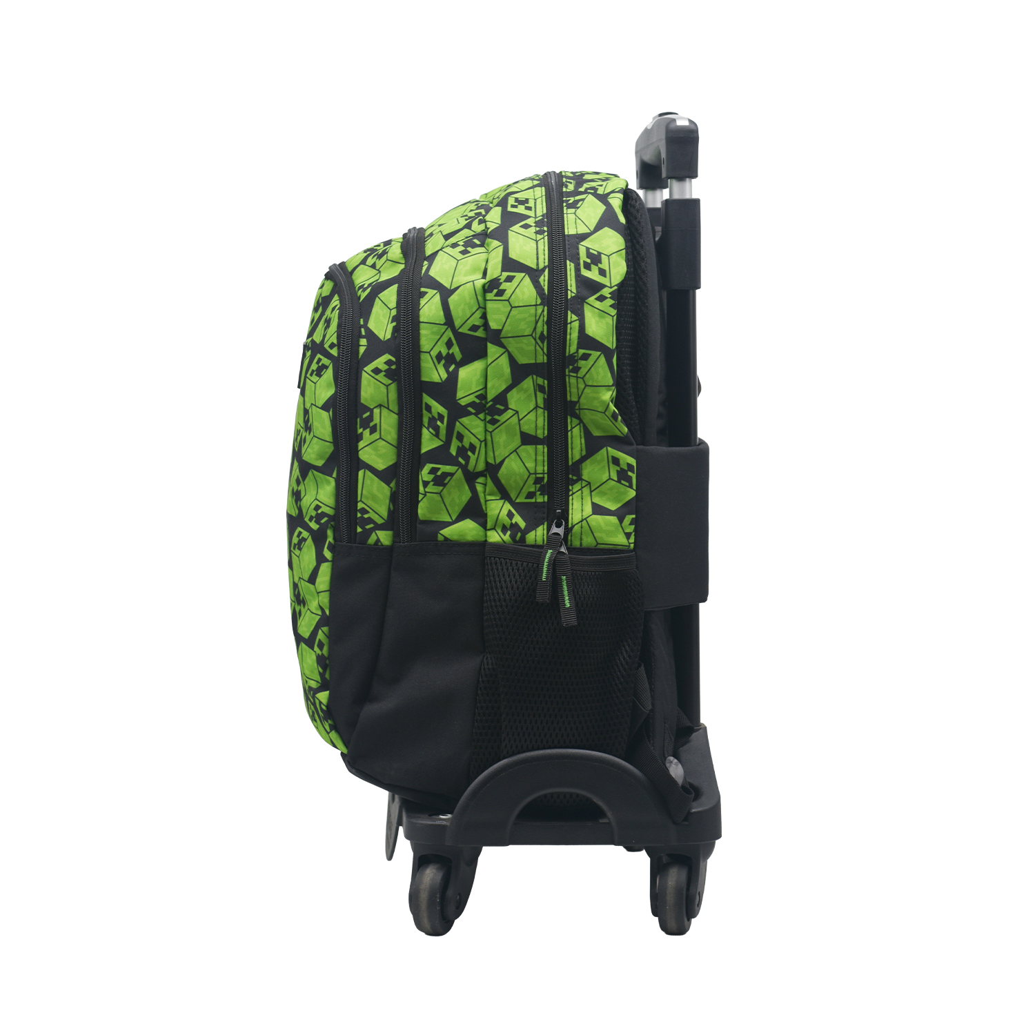 Grüner Rucksack mit Würfelmuster und Rollen.