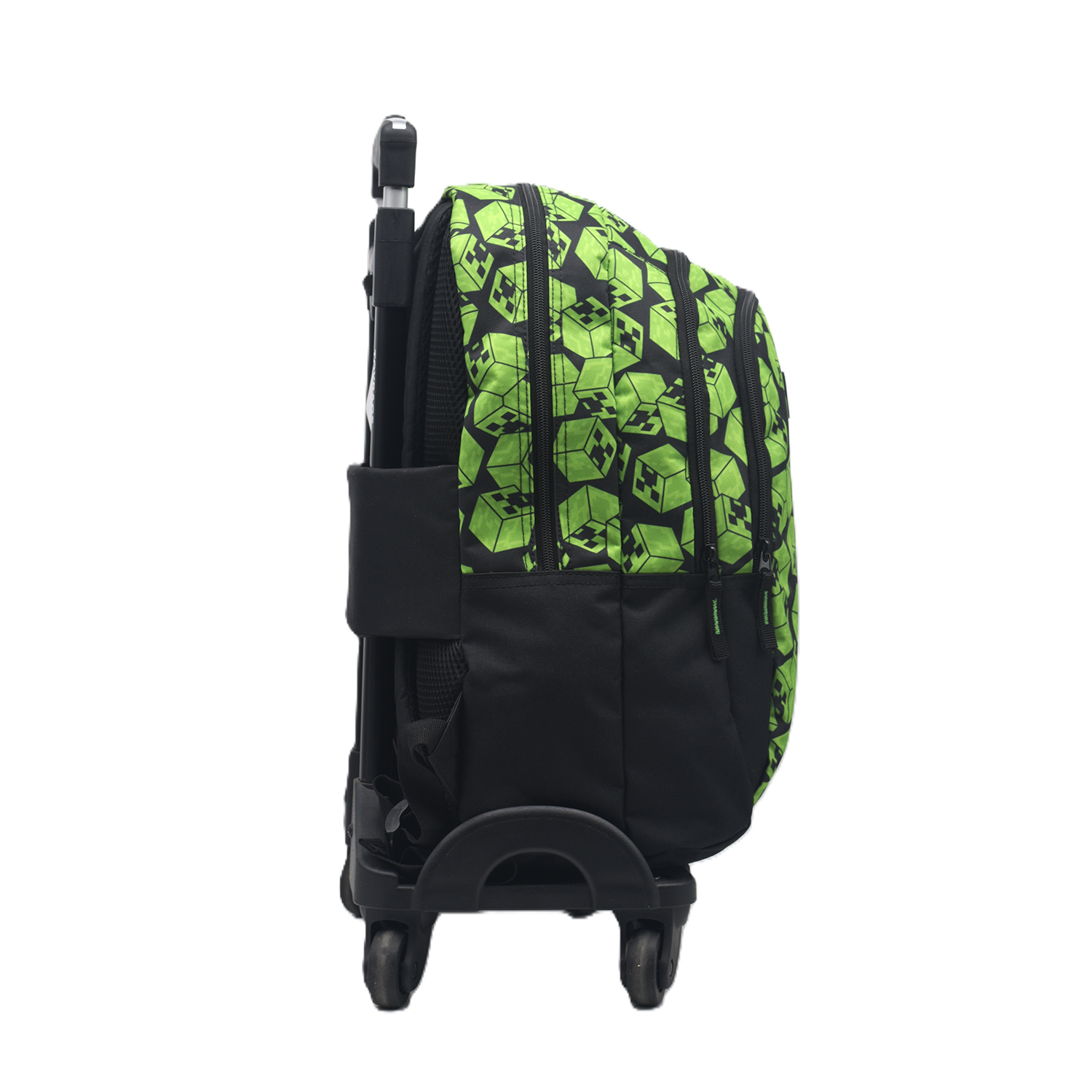Ein grüner Rucksack mit Würfelmuster auf Rädern.