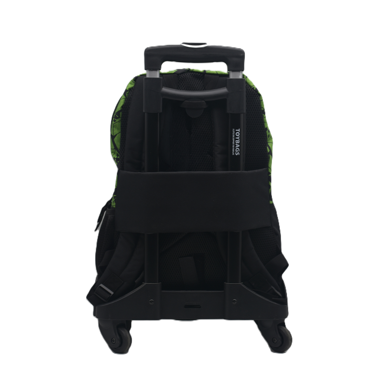 Ein schwarzer Rucksack mit Rollen und einem ausziehbaren Griff. Grün gemustert.