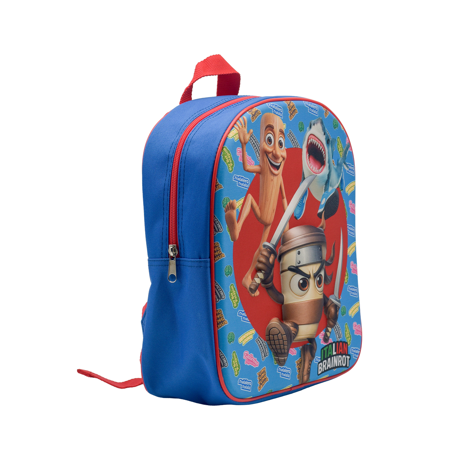 Mochila azul con personajes de dibujos animados: un tronco, un tiburón y un ninja de taza de café.