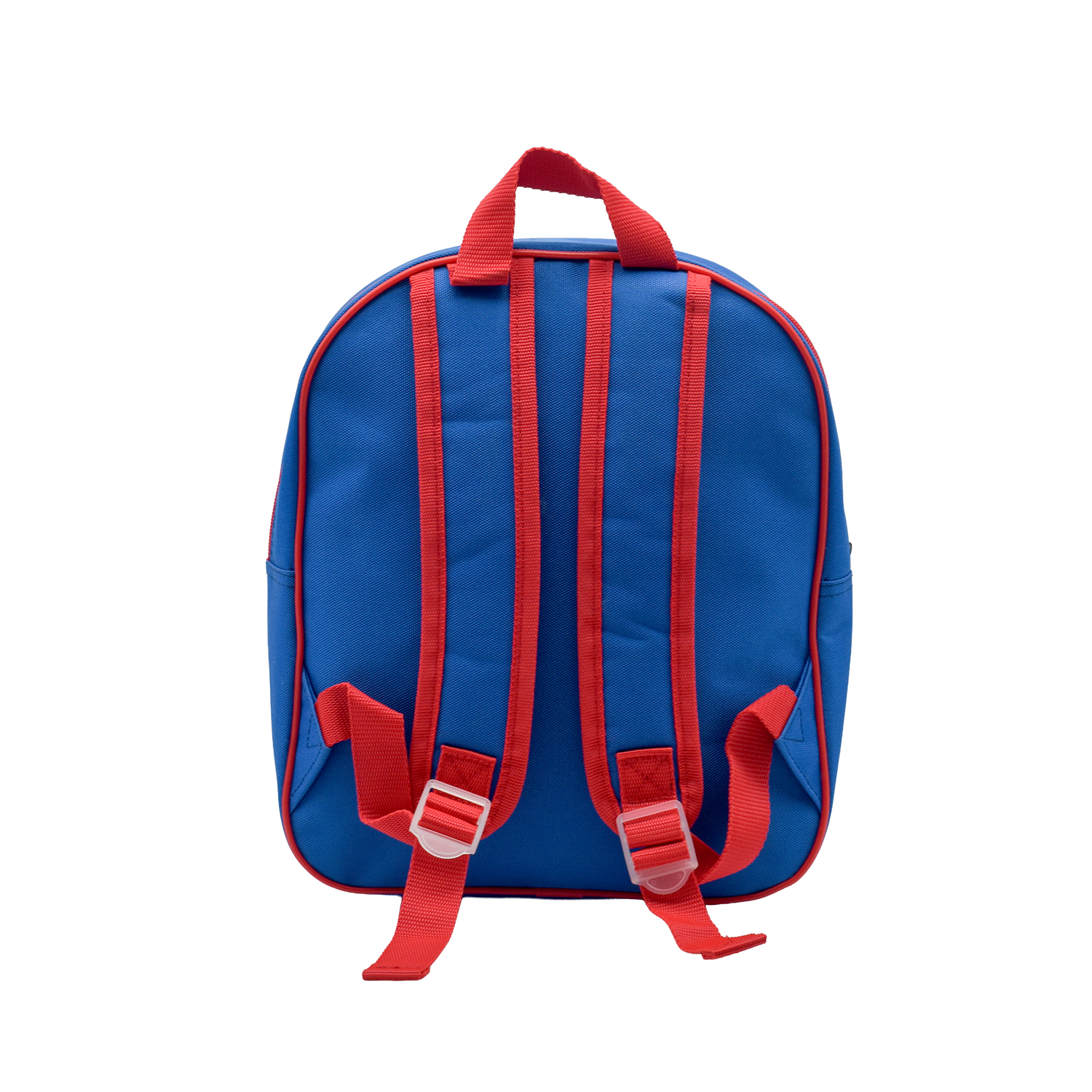 Una mochila azul con correas y ribetes rojos, vista desde atrás.