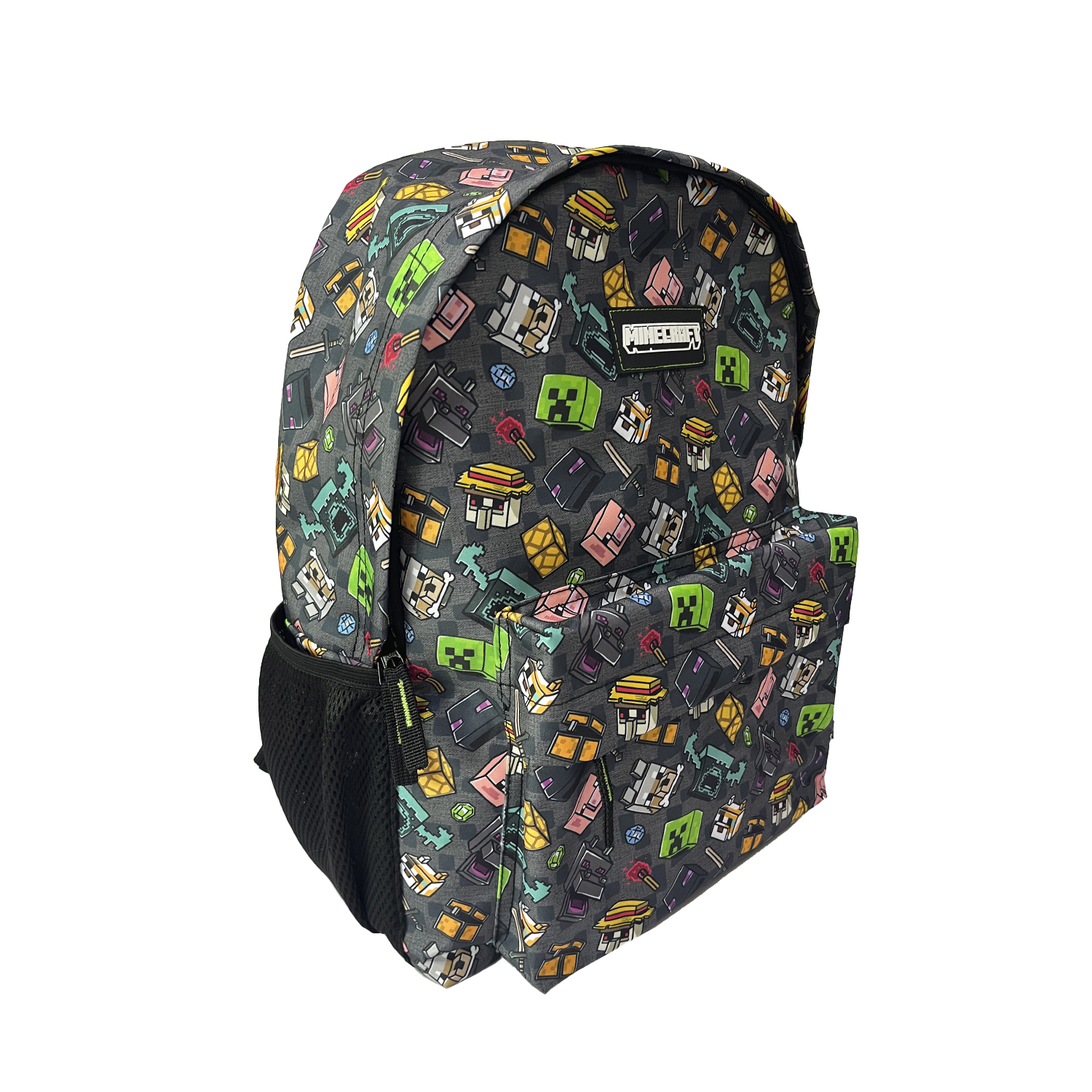 Uno zaino grigio con fantasia Minecraft, personaggi e oggetti pixelati colorati.