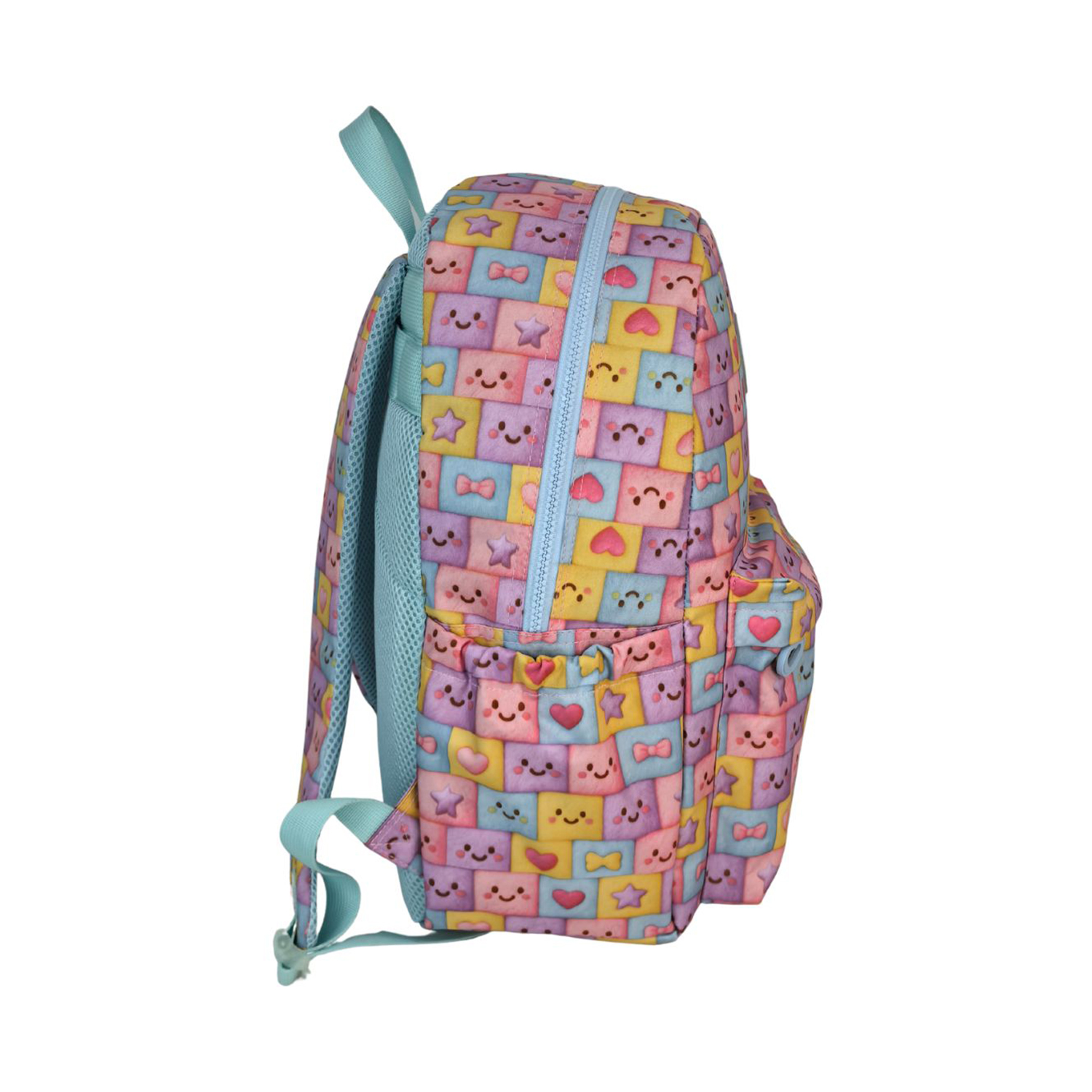 Mochila con caras lindas, corazones y estrellas en colores pastel.