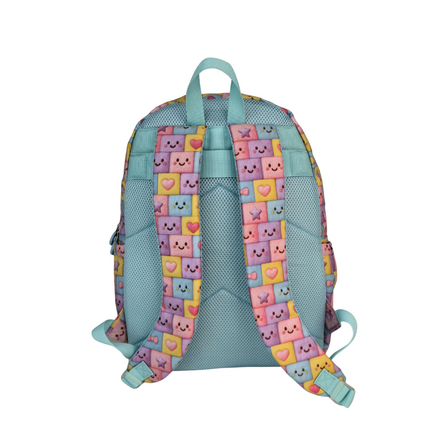 Mochila con estampado colorido de caras y corazones sobre fondo azul.