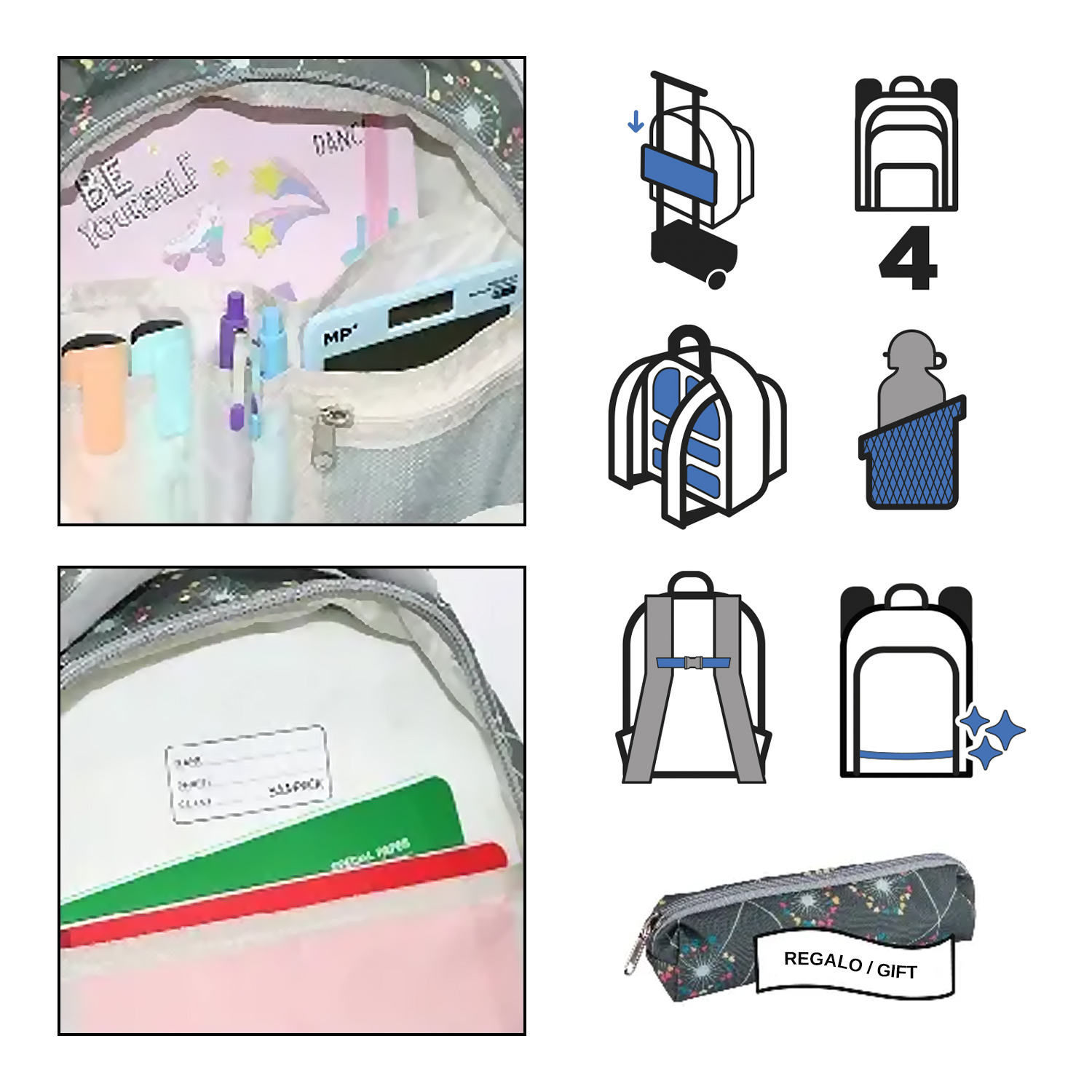 Interior de mochila con cuaderno, bolígrafos y calculadora. Ilustraciones de mochila y estuche.