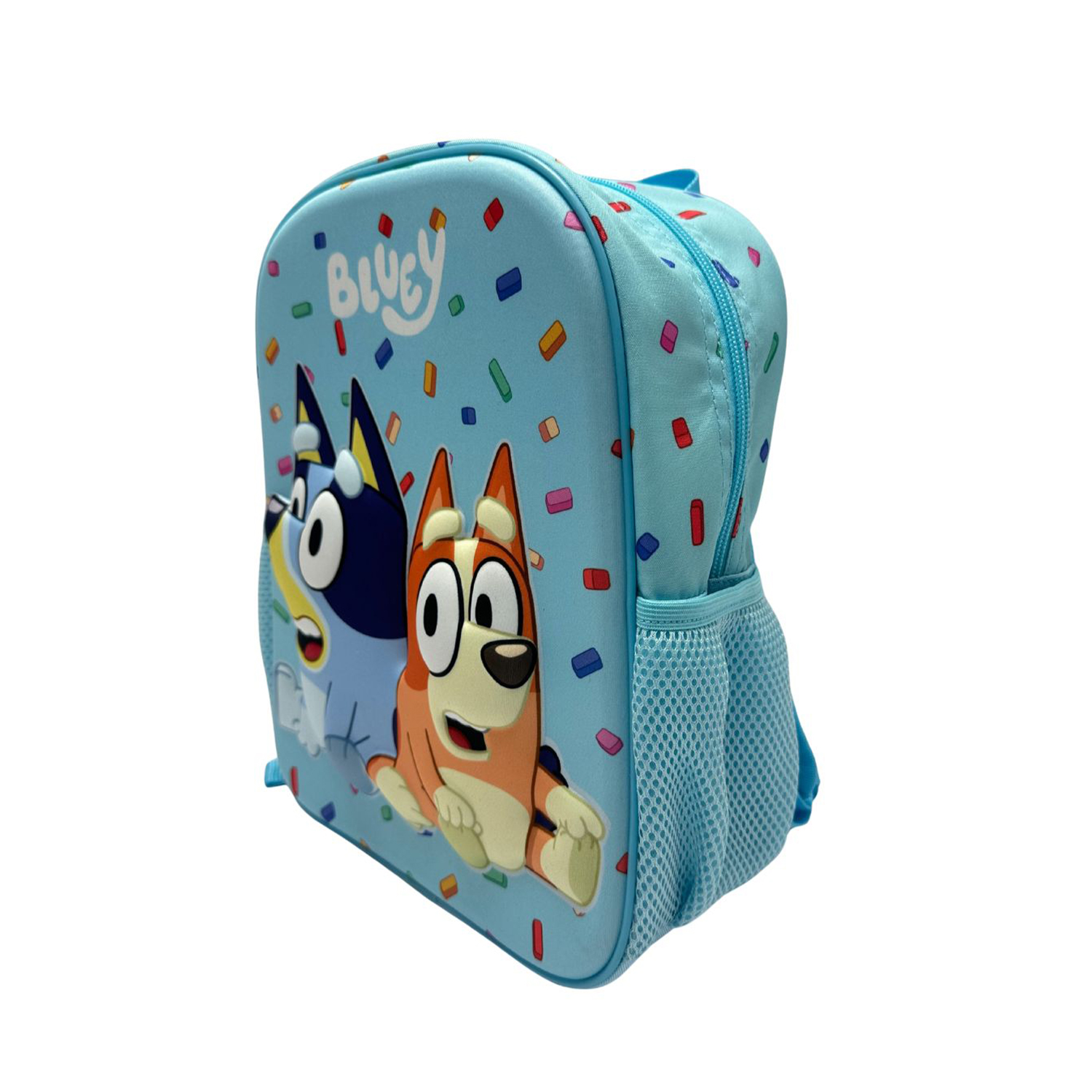 Una mochila azul con Bluey y Bingo, cubierta de confeti colorido.