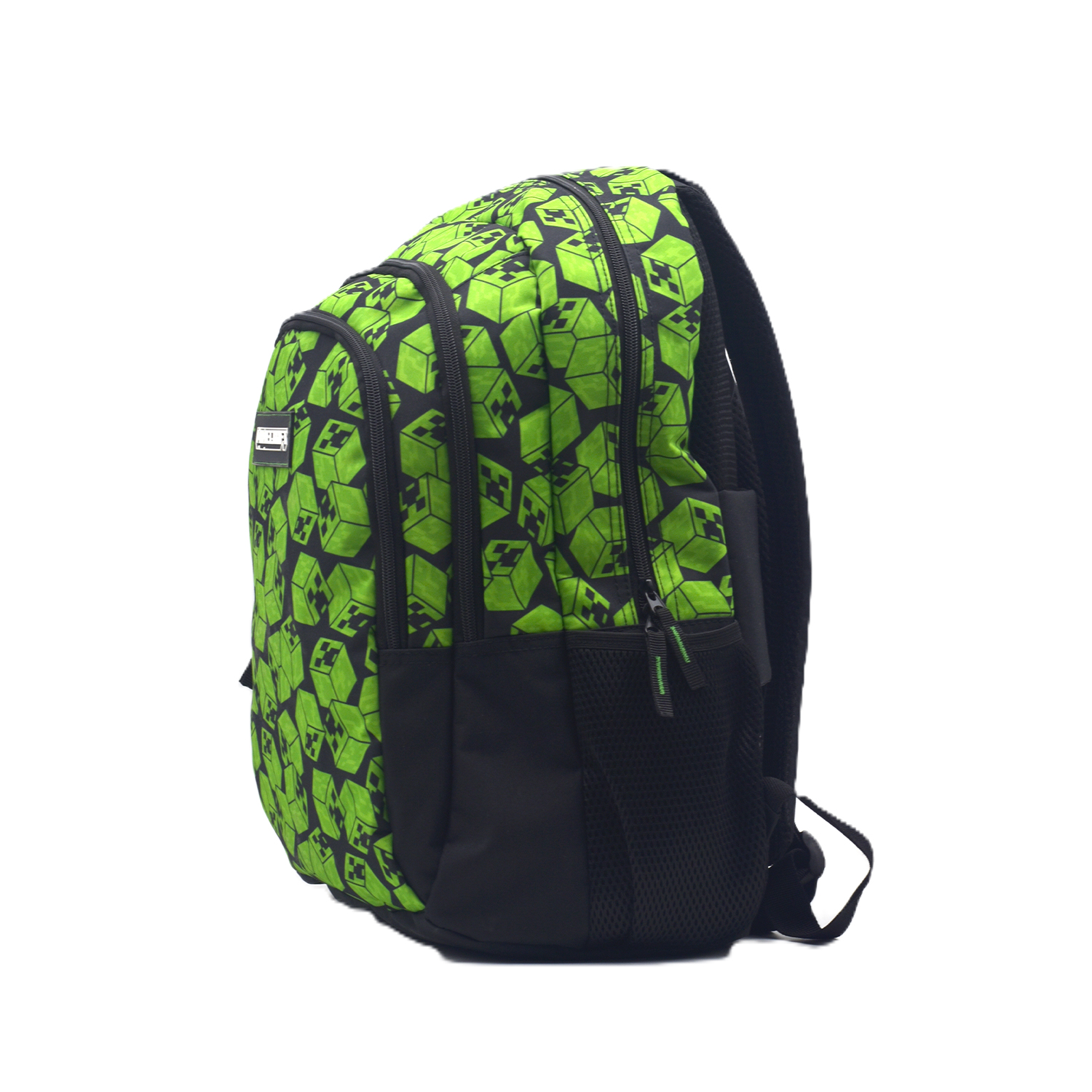 Una mochila con estampado verde y negro de Creeper de Minecraft.