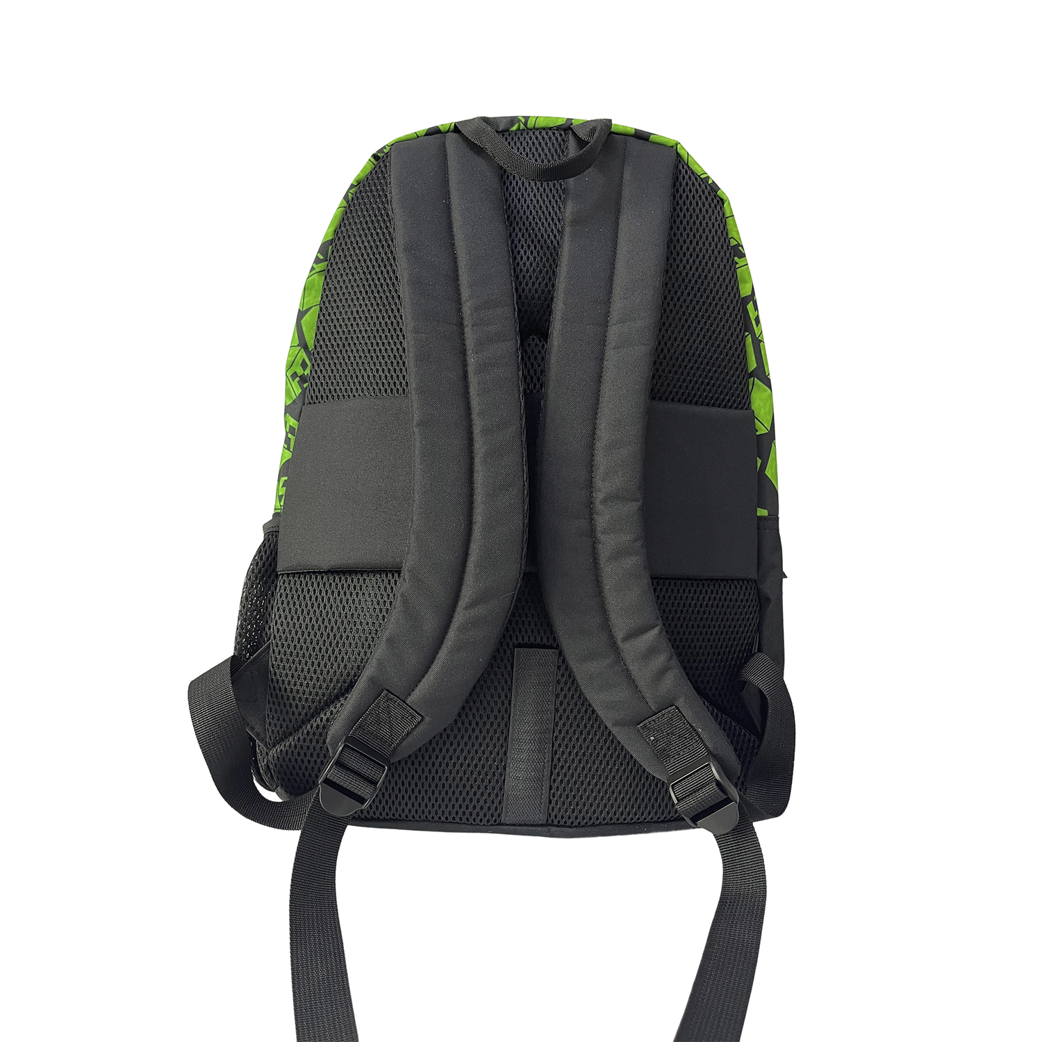 Vista trasera de una mochila negra con patrones geométricos verde brillante.