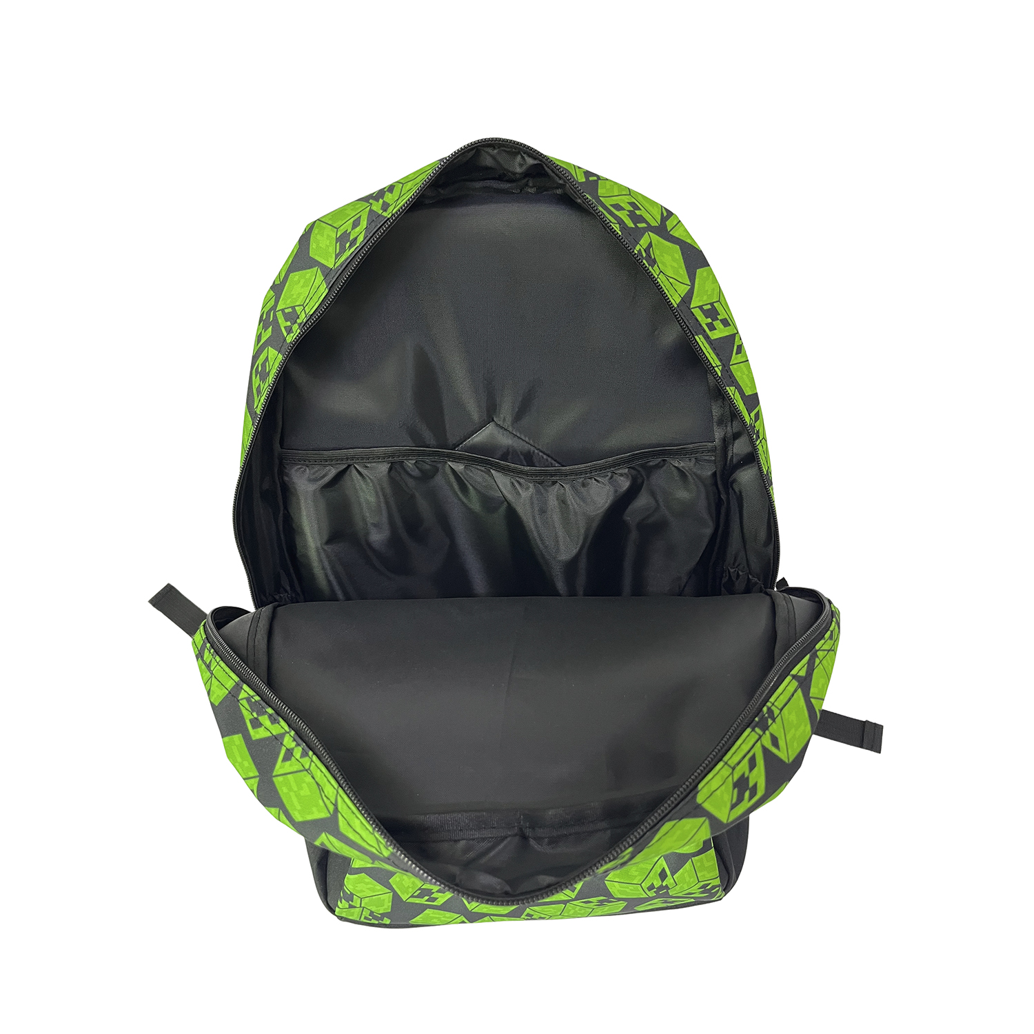 Mochila negra abierta con patrón de cubos pixelados verdes.