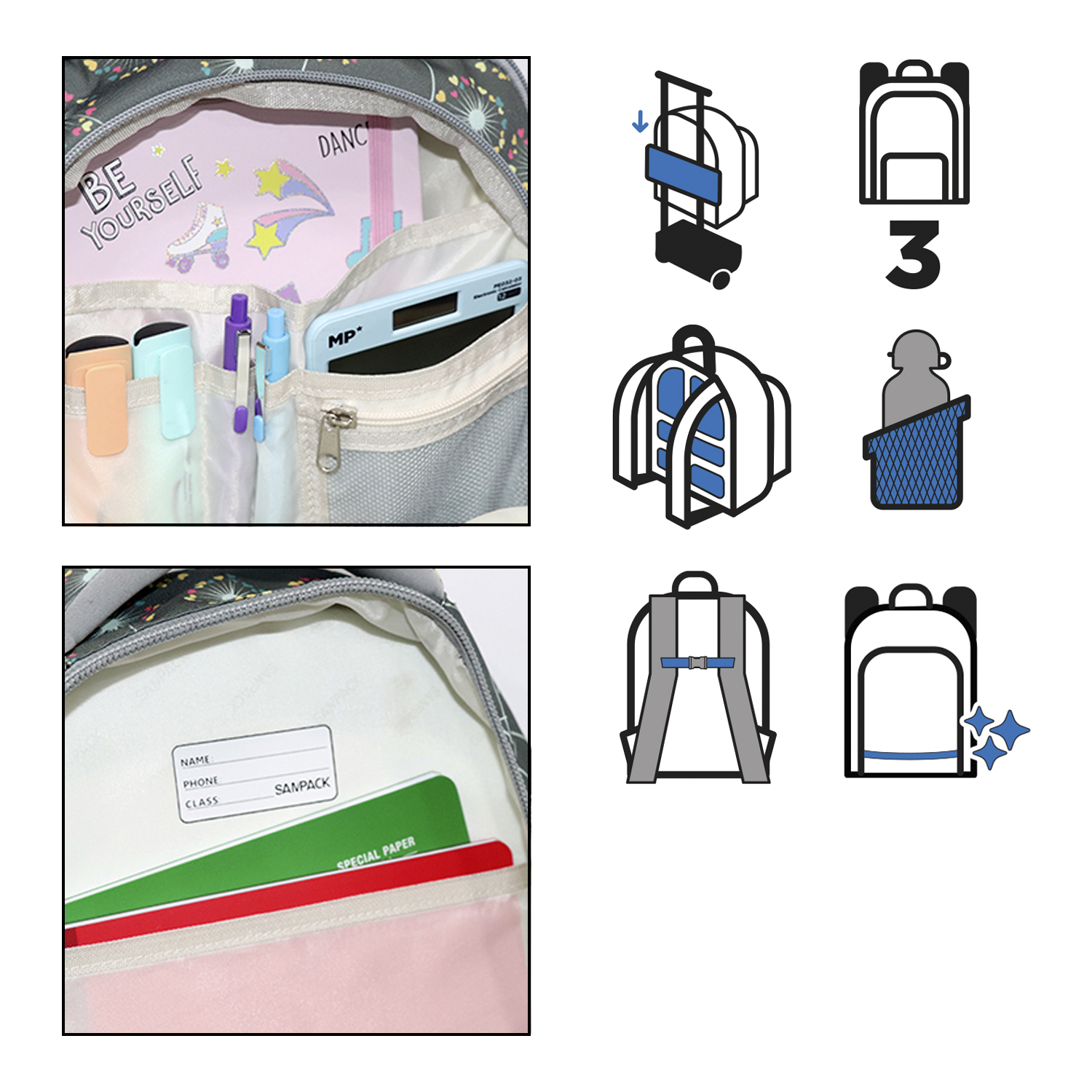 Una mochila con compartimentos, bolígrafos, un cuaderno y una calculadora.