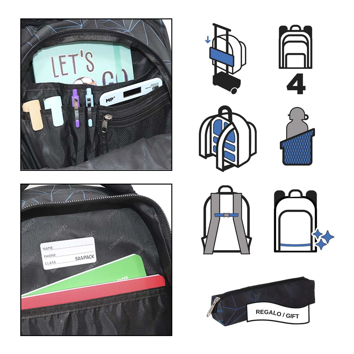 Una mochila negra con estampado azul, bolígrafos, cuaderno y estuche.