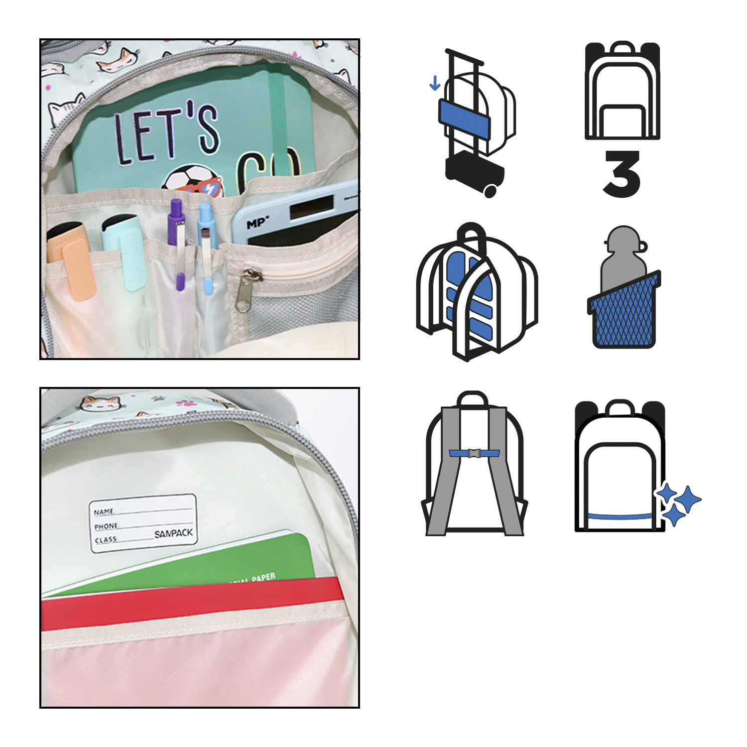 Interior de mochila con temática de gatos, con libreta, bolígrafos y termómetro.