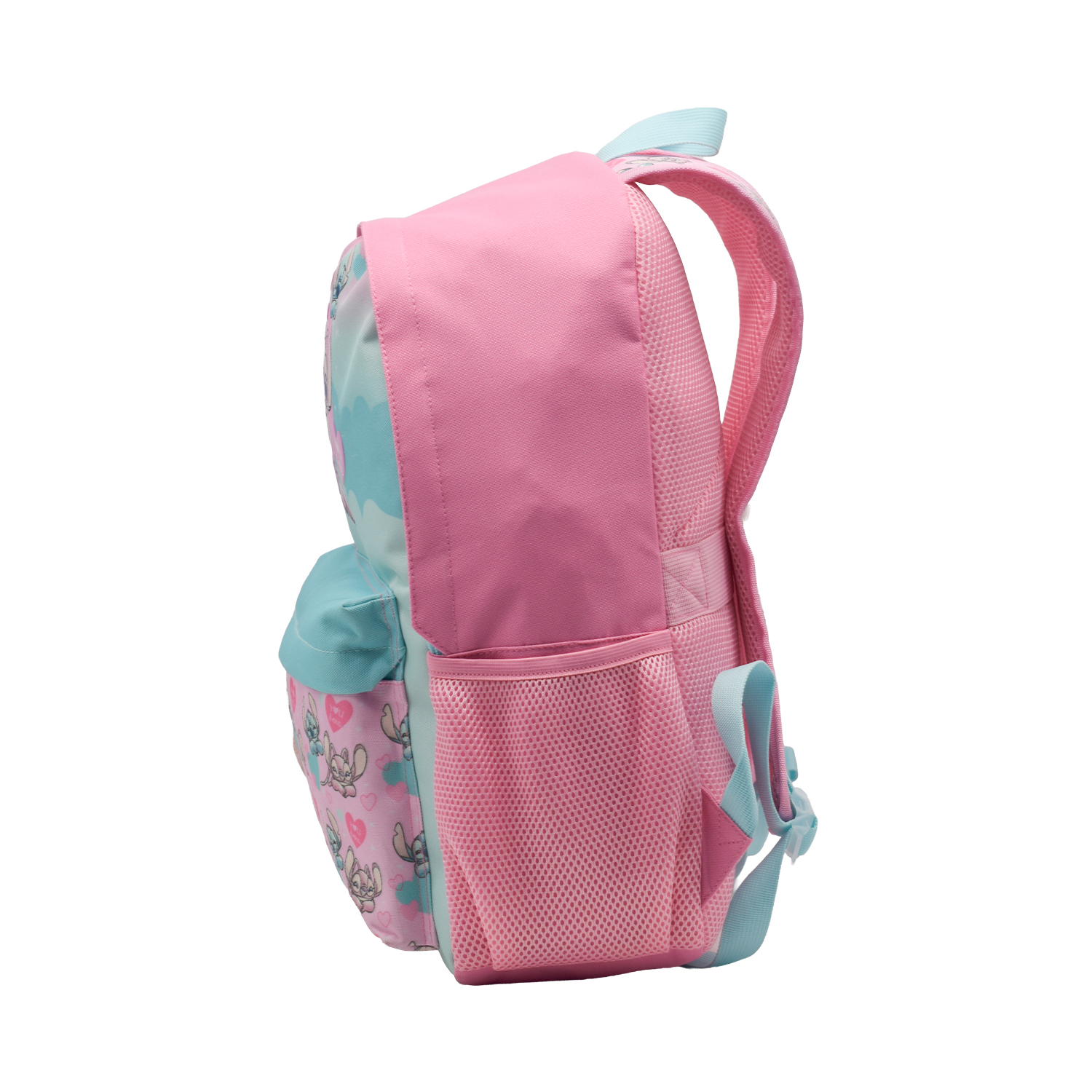 Una mochila rosa con personajes de dibujos animados y detalles azules. Vista lateral, fondo blanco.