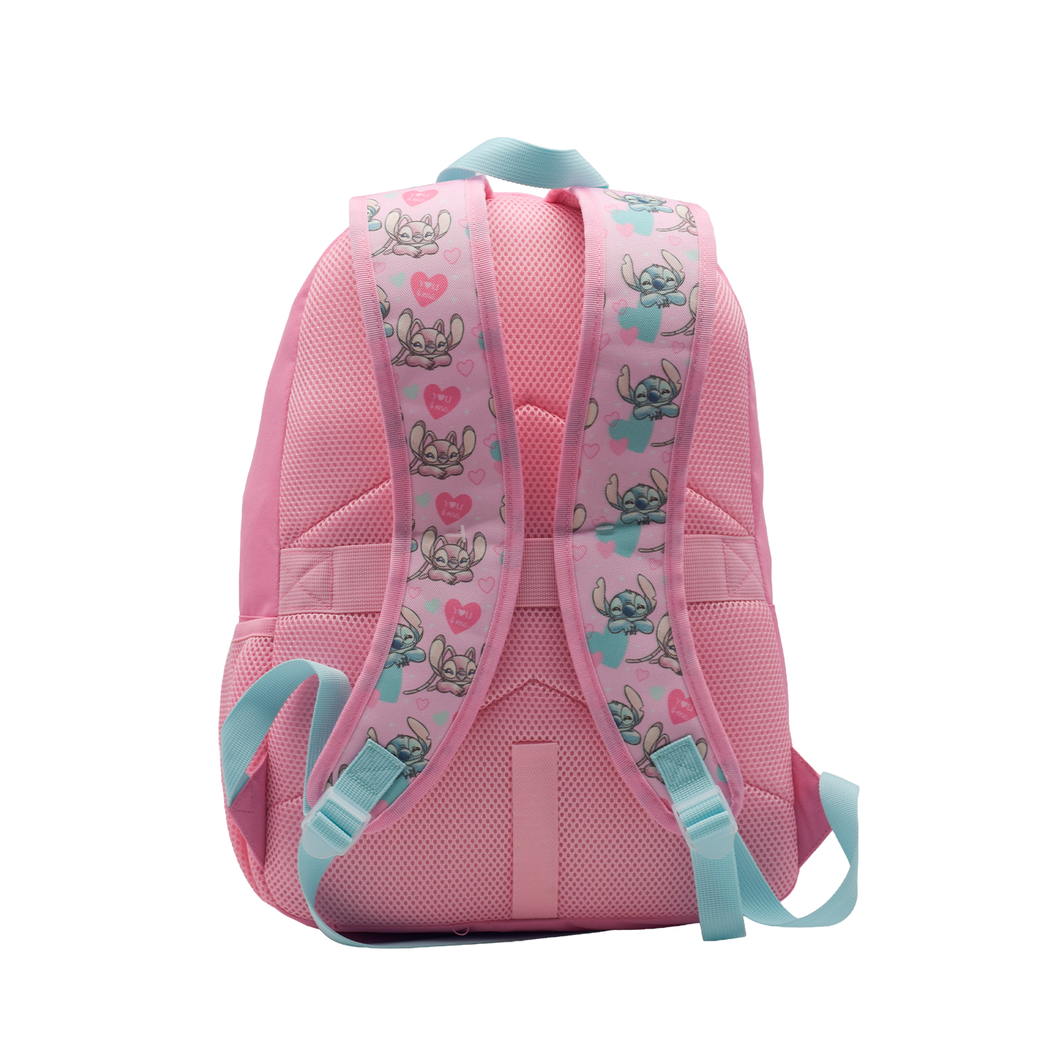 Mochila rosa con correas azules y personajes de Stitch.