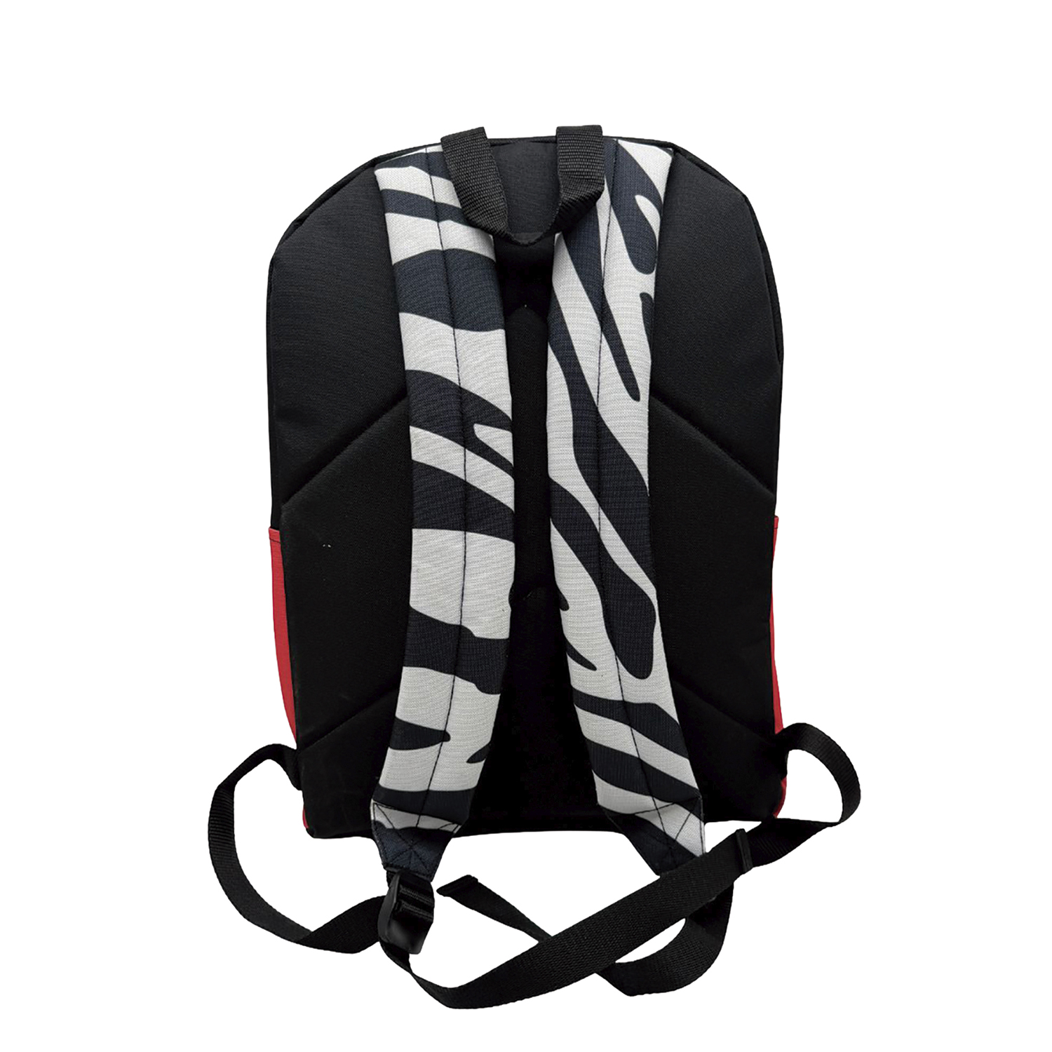 Mochila negra con laterales rojos y correas de cebra blancas y negras.