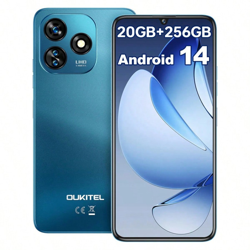 Smartphone OUKITEL azul con 3 cámaras traseras. Pantalla muestra Android 14.