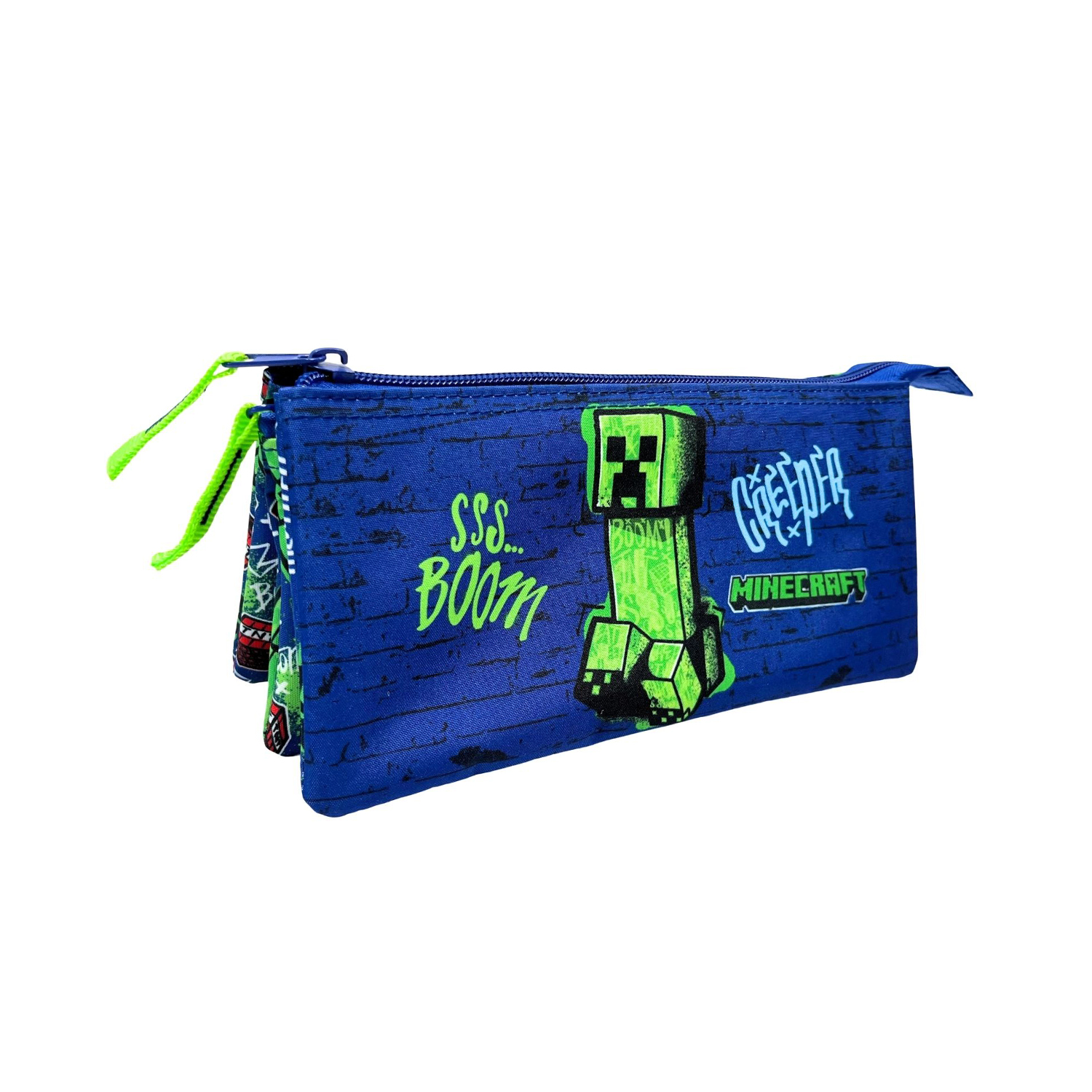 Estuche azul con diseño de Minecraft Creeper y cremallera.
