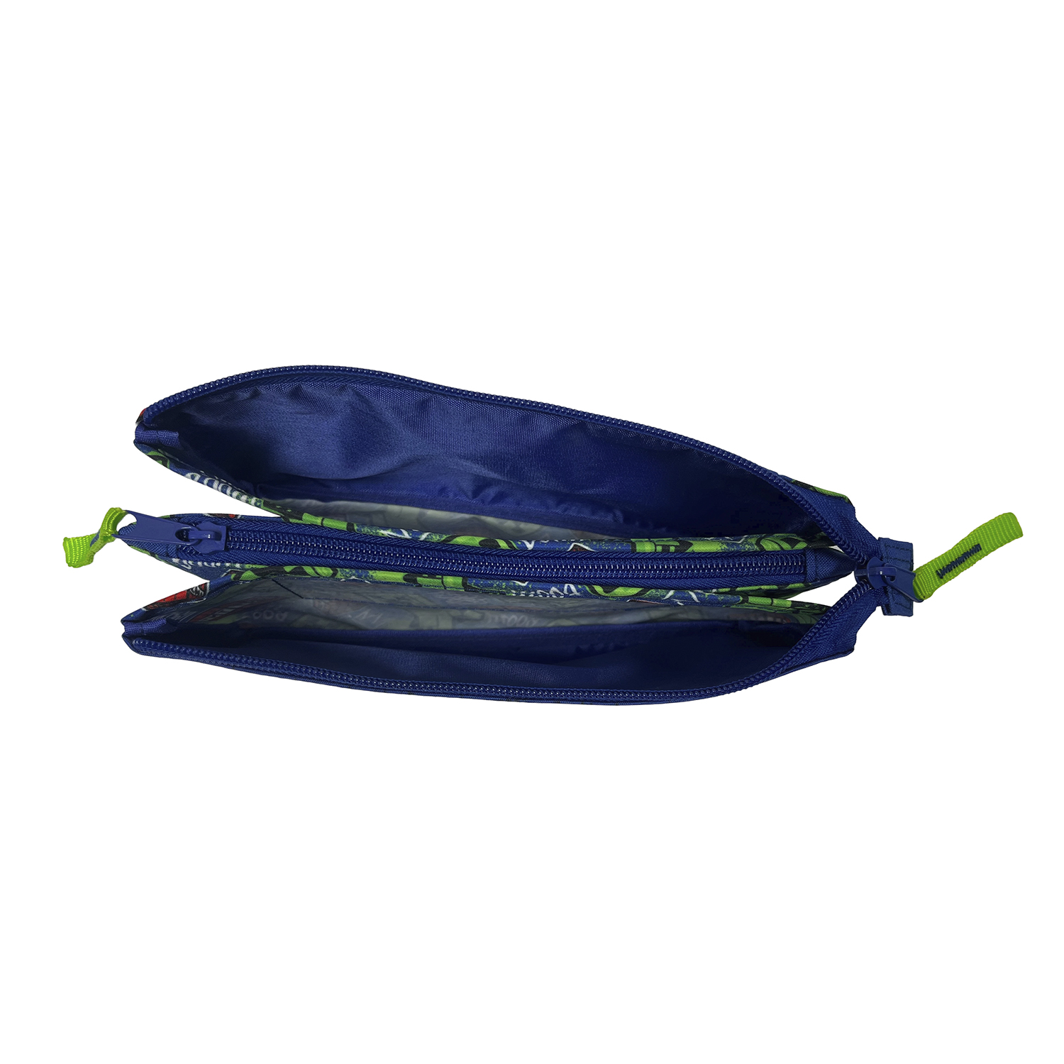 Un estuche azul abierto con varios compartimentos y un patrón verde.