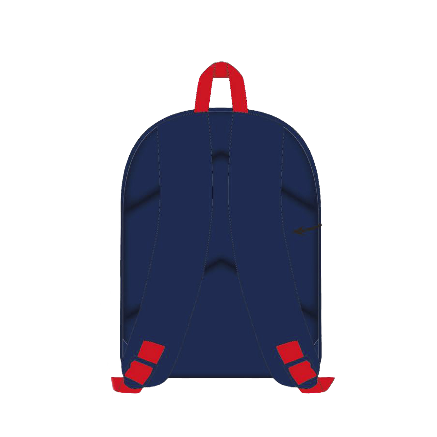 Mochila azul oscuro con correas y asa rojas, vista desde atrás.