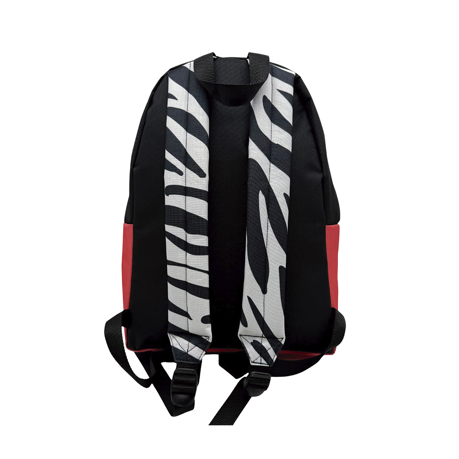 Mochila negra con laterales rojos y tiras de cebra.