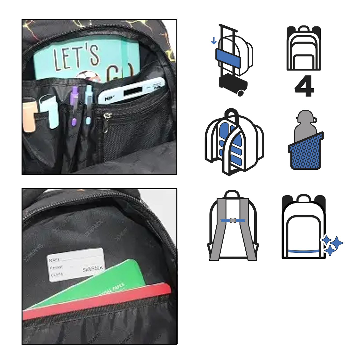 Interior de mochila con cuaderno y bolígrafos, y bolsillos externos.