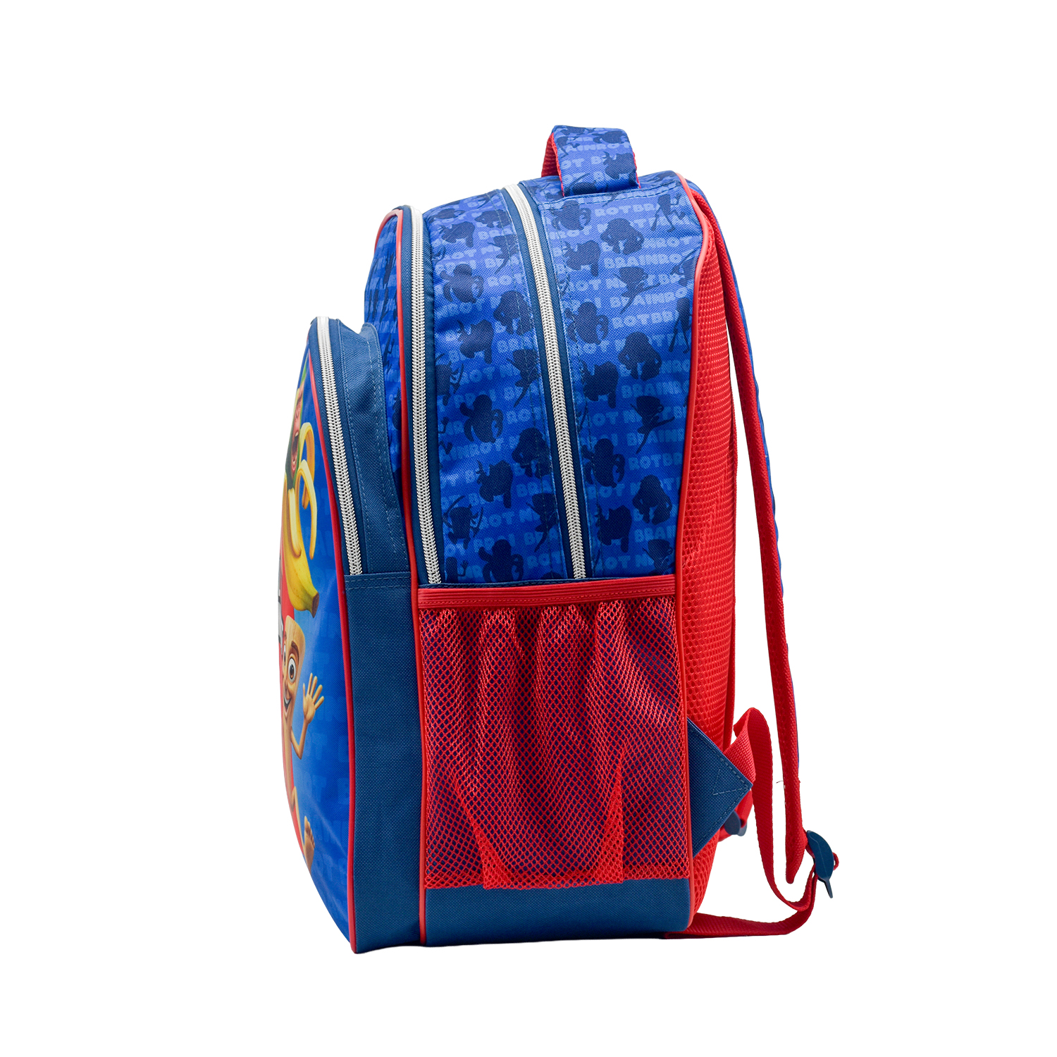 Mochila azul con ribete rojo, bolsillos de malla y gráficos de personajes.