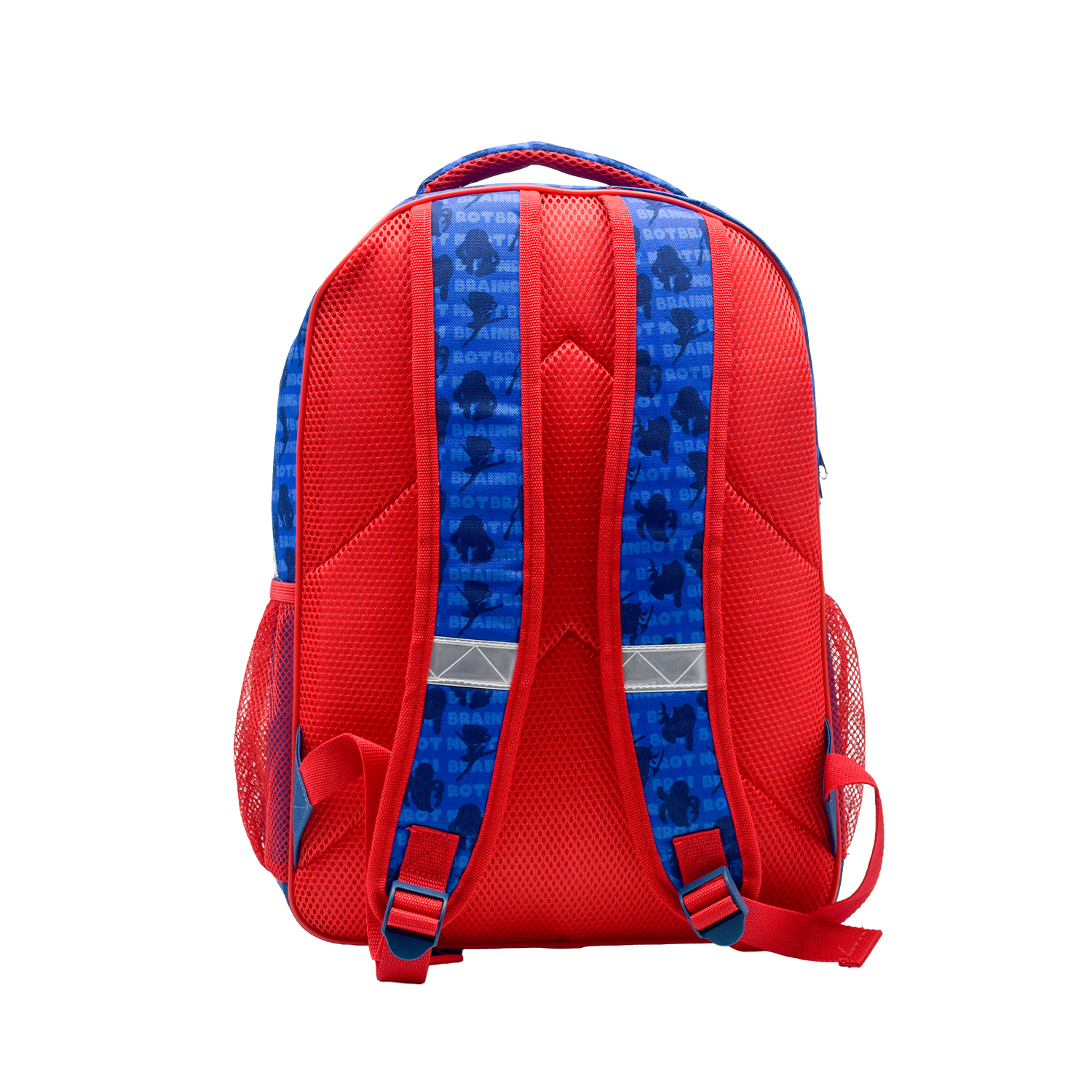 Mochila roja con correas azules que presentan un patrón repetitivo de personajes de dibujos animados y texto.
