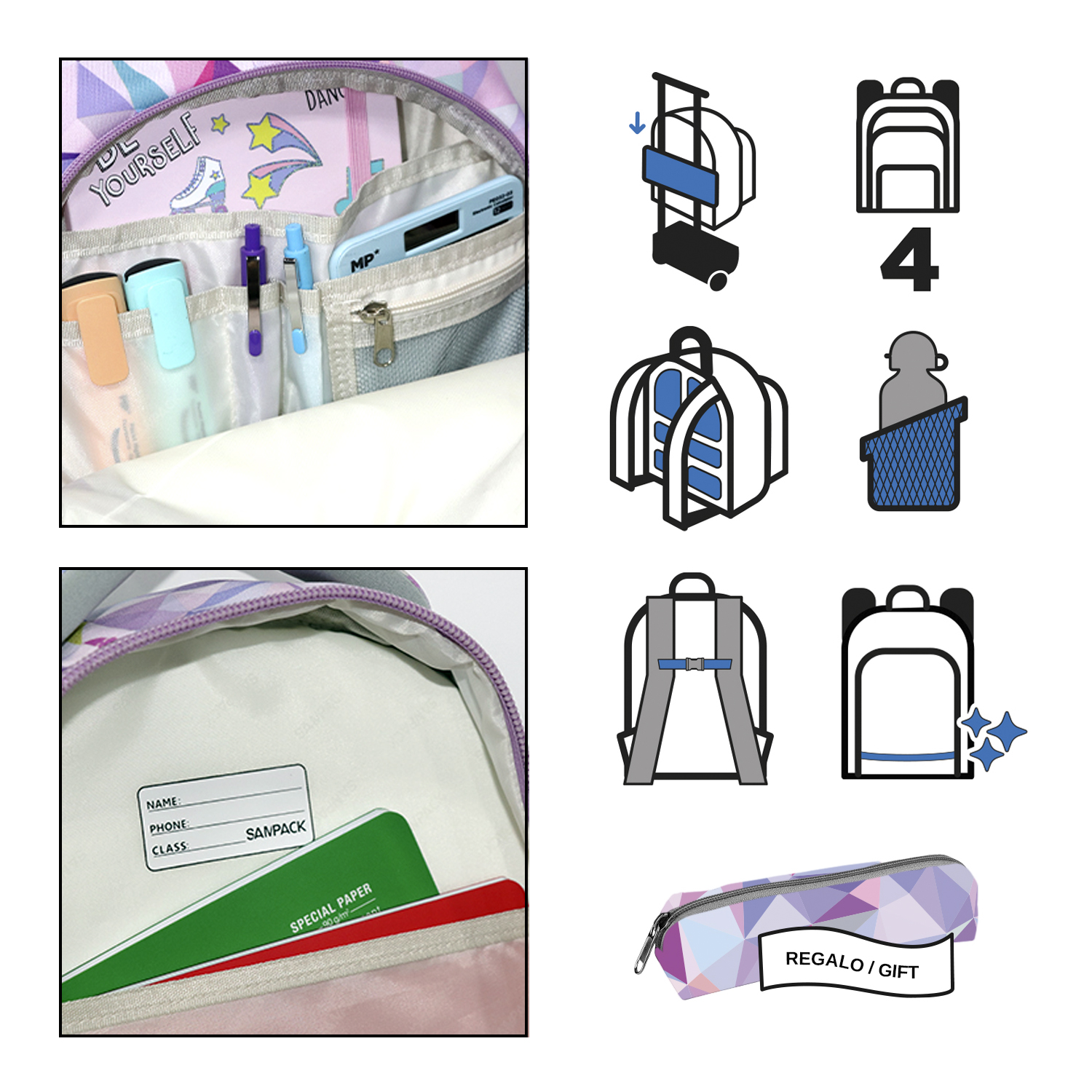 Rucksack-Inhalt: Stifte, Handy, Notizbuch. Zubehör-Icons: Rollkoffer, Rucksack, Rucksack mit Trägern, Rucksack mit Schimmer.