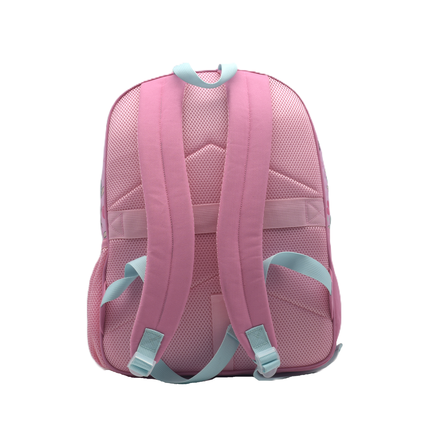 Vista trasera de una mochila rosa con correas acolchadas y panel trasero de malla.