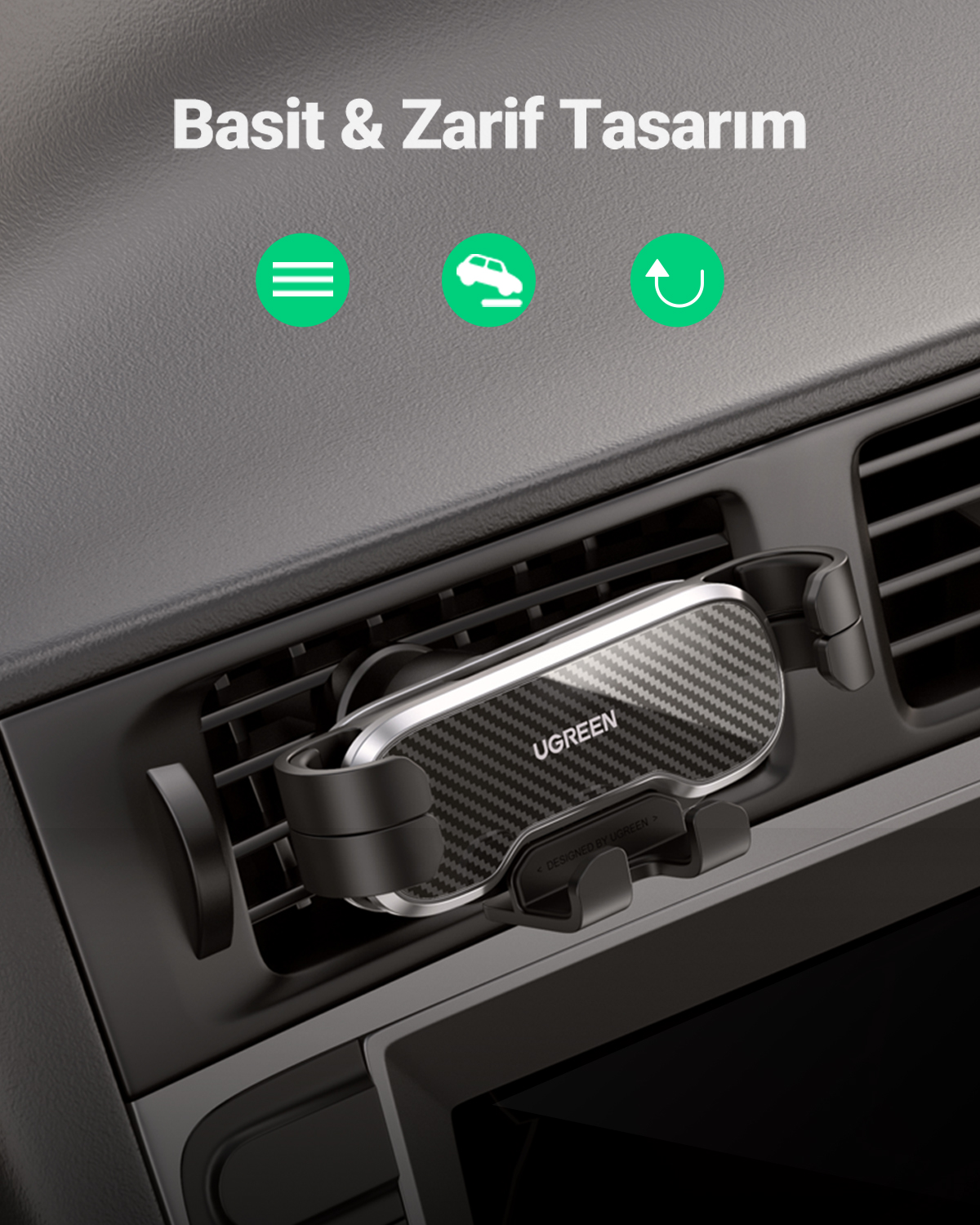 Un porta telefono con motivo in carbonio, fissato a una bocchetta di ventilazione dell'auto.