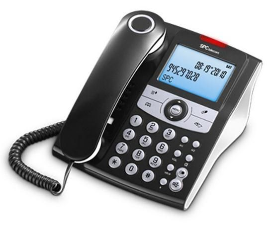 Un telefono fisso nero con display illuminato e tastiera numerica.