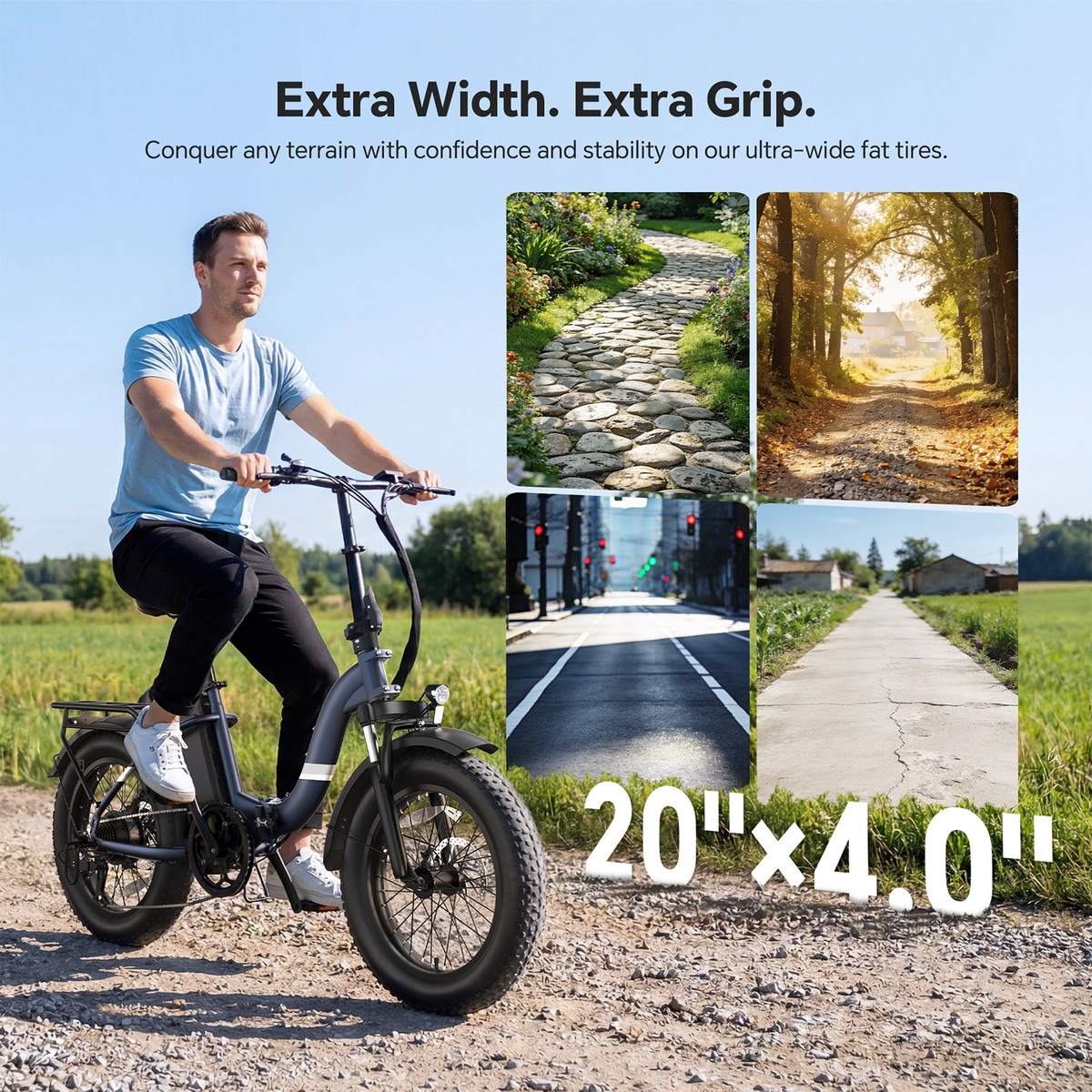 Mężczyzna jedzie na rowerze elektrycznym z szerokimi oponami po żwirze. Pokazano ścieżki.