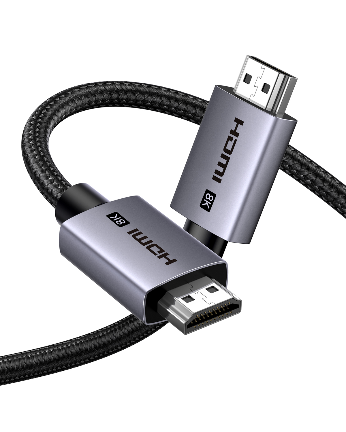 Gümüş konektörlü, 8K etiketli, örgülü siyah HDMI kablosu.