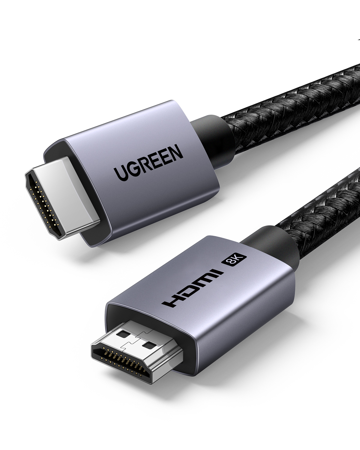 8K destekli gri UGREEN HDMI kablosu beyaz yüzeyde duruyor.
