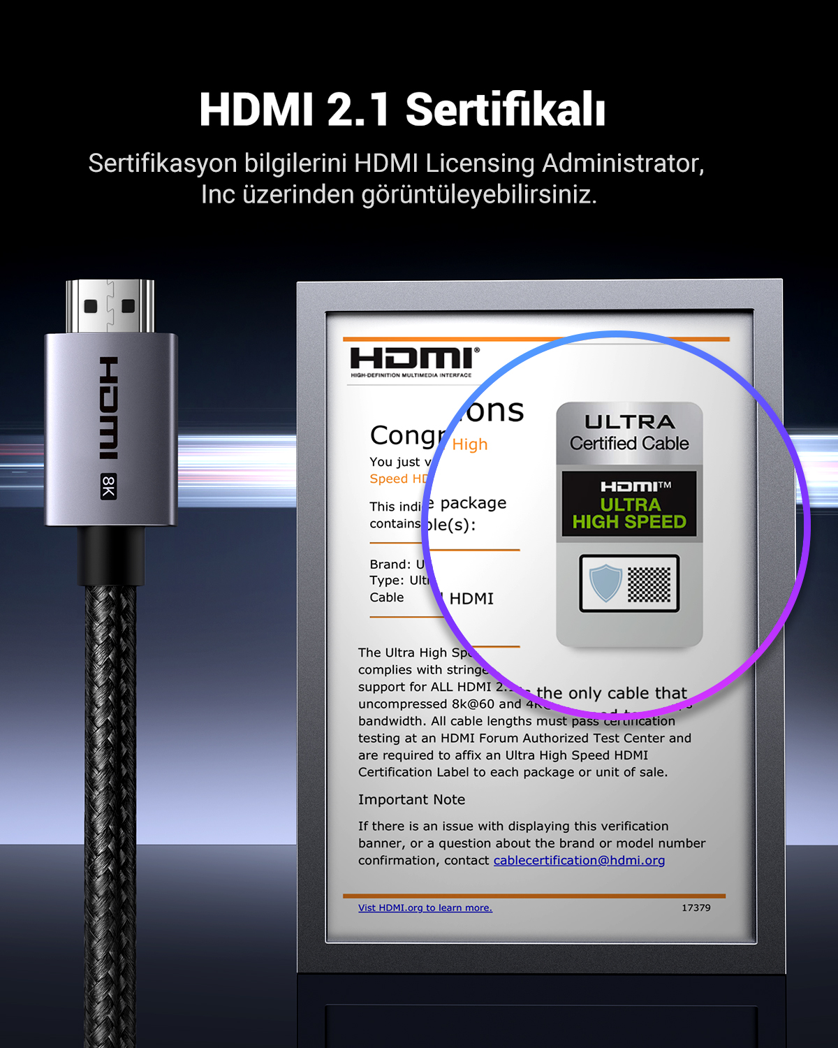 Gri konektörlü ve sertifika detaylarını gösteren etiketli HDMI 2.1 sertifikalı kablo.