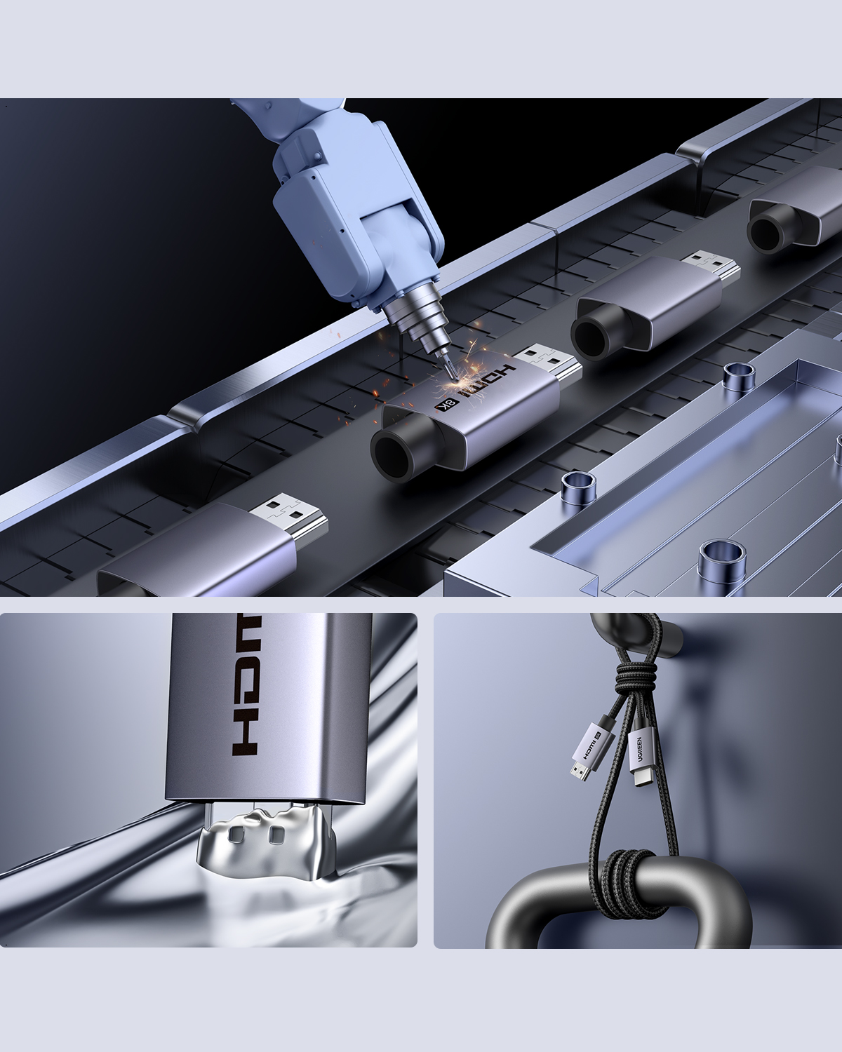 Bir robot kolu üretim bandında gümüş bir konektöre HDMI 8K yazısını kazıyor.