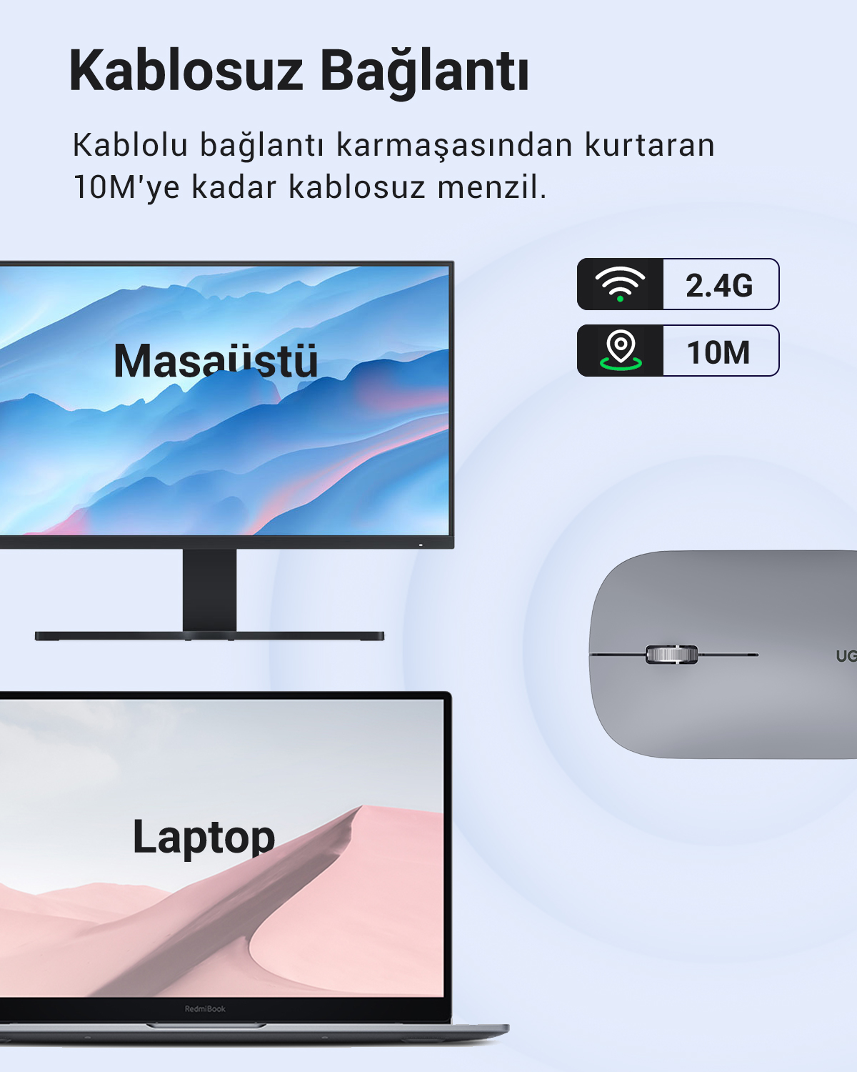 Ein Desktop-Monitor und ein Laptop zeigen Bilder. Eine Maus mit 2,4G und 10M Reichweite.