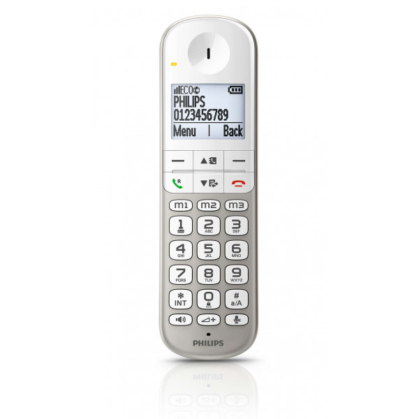 Un teléfono inalámbrico blanco con teclado numérico y pantalla.