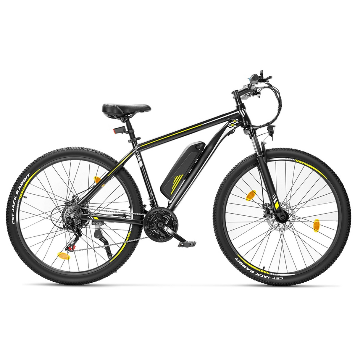 Schwarzes Elektro-Mountainbike mit gelben Akzenten auf weißem Hintergrund.