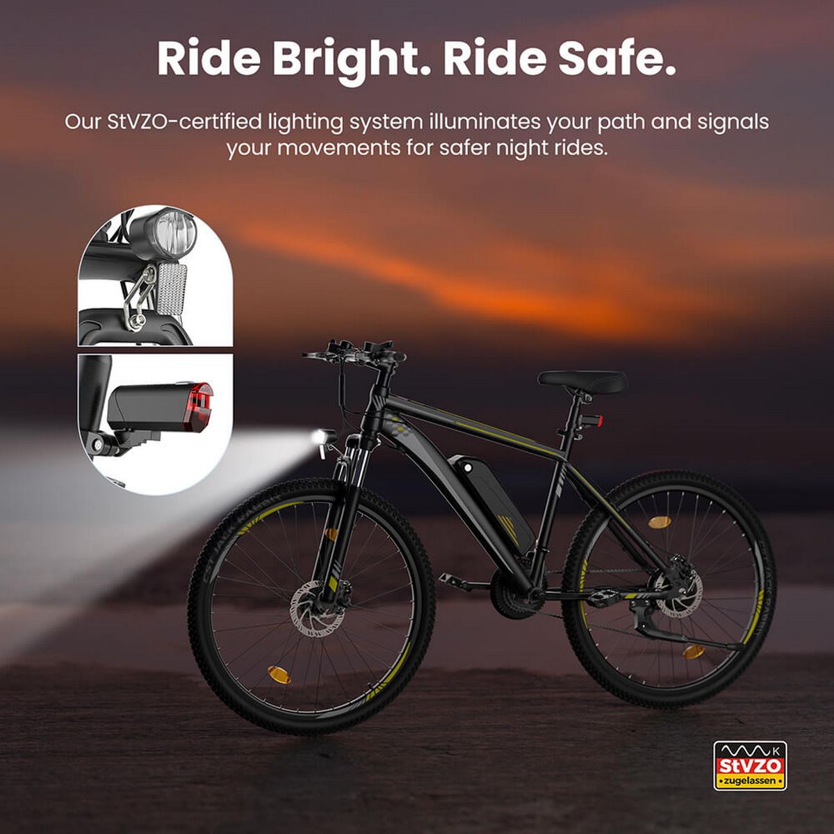 Ein schwarzes Fahrrad mit StVZO-zertifizierter Beleuchtung im Abendlicht.